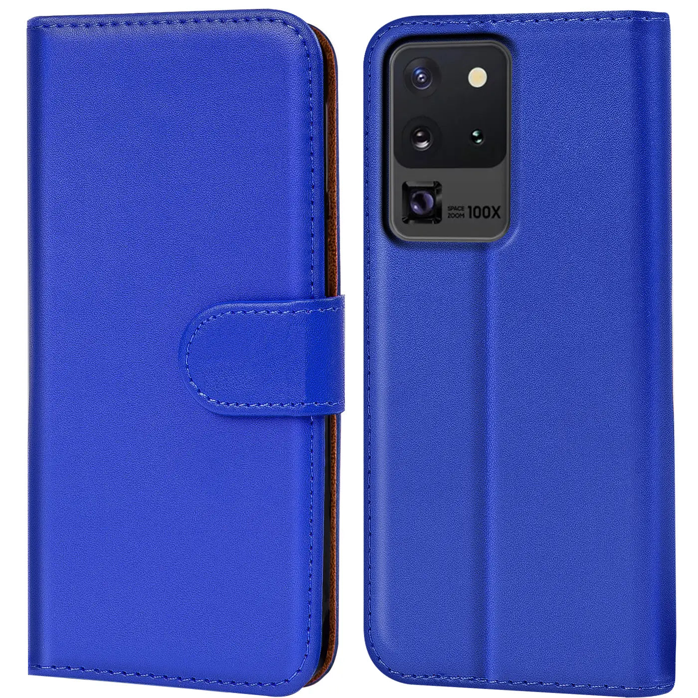 Blaue Kunstleder-Klapphülle mit Kartenfächern für Samsung Galaxy S20 Ultra, Vorder- und Rückansicht.