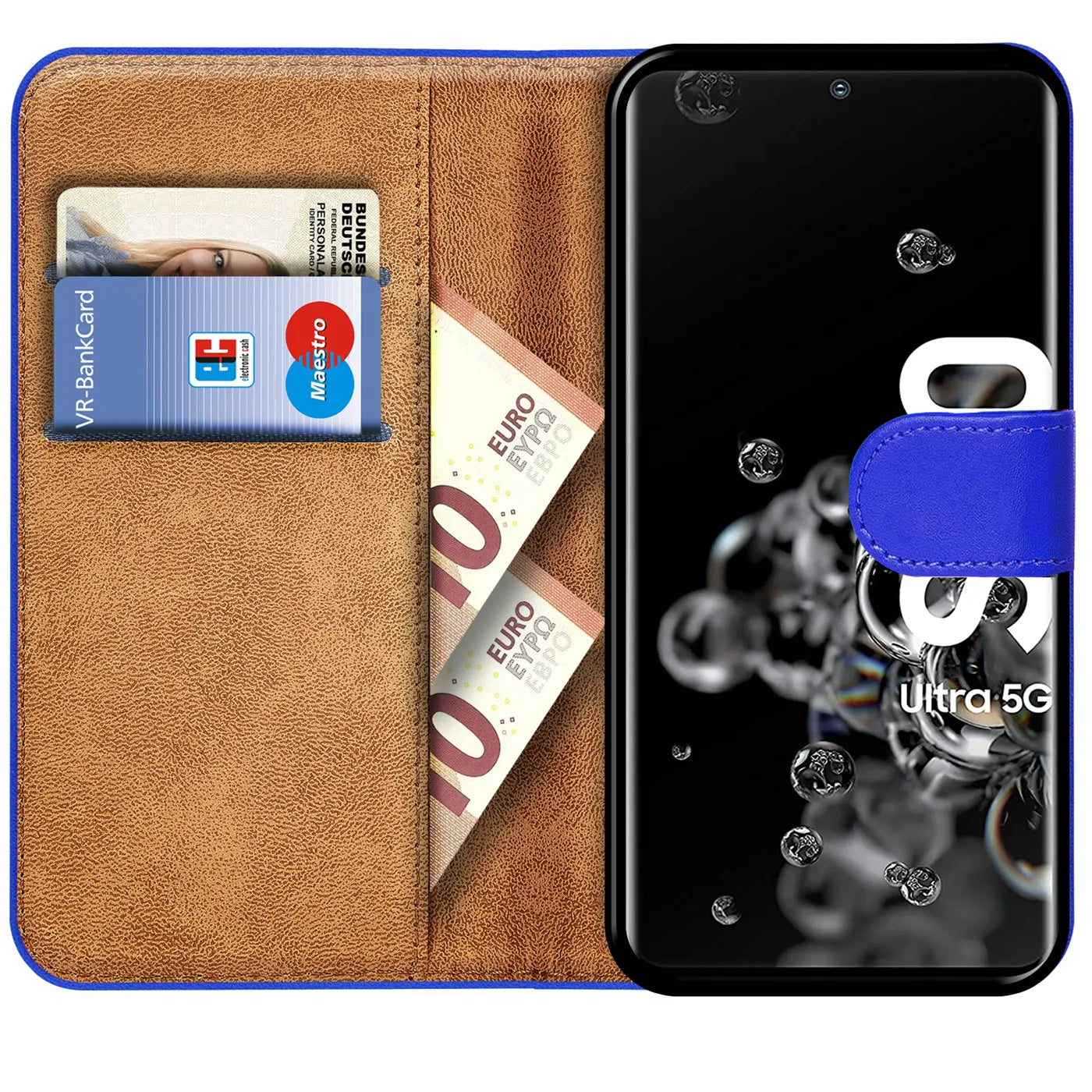 Braune Leder-Klapphülle mit blauer Lasche, zeigt Samsung S20 Ultra, Karten & Geld.