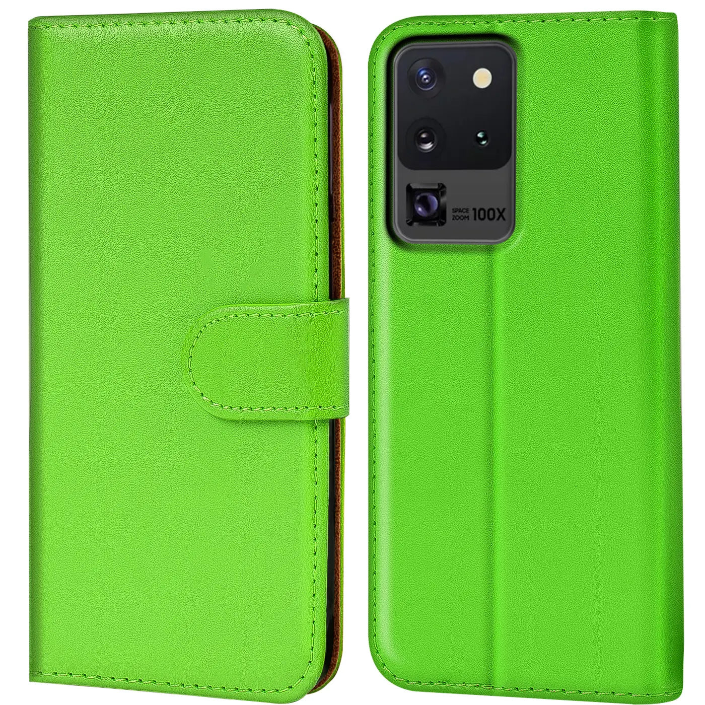 Grüne Kunstleder-Klapphülle, Vorder- und Rückansicht, für Samsung Galaxy S20 Ultra.