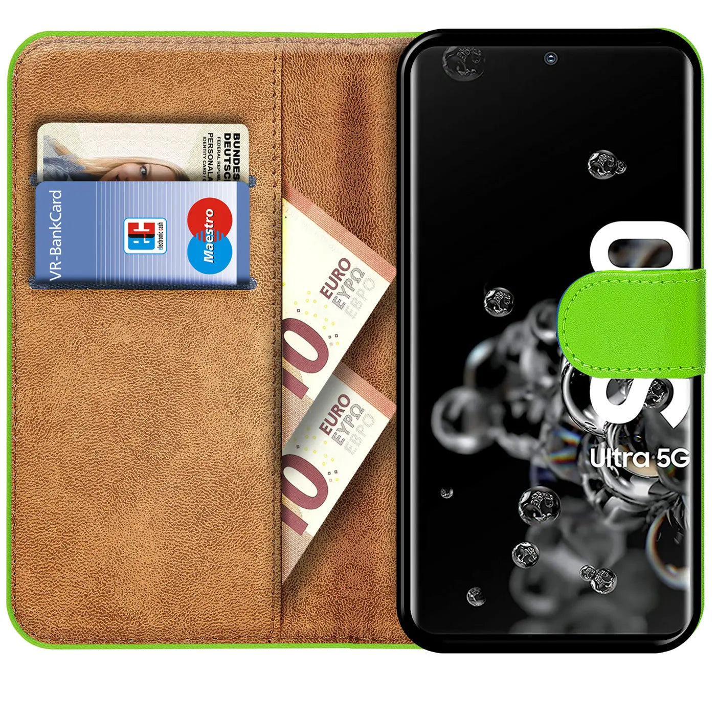 Grüne Klapphülle aus Lederimitat mit Kartenfächern, zeigt Samsung S20 Ultra.
