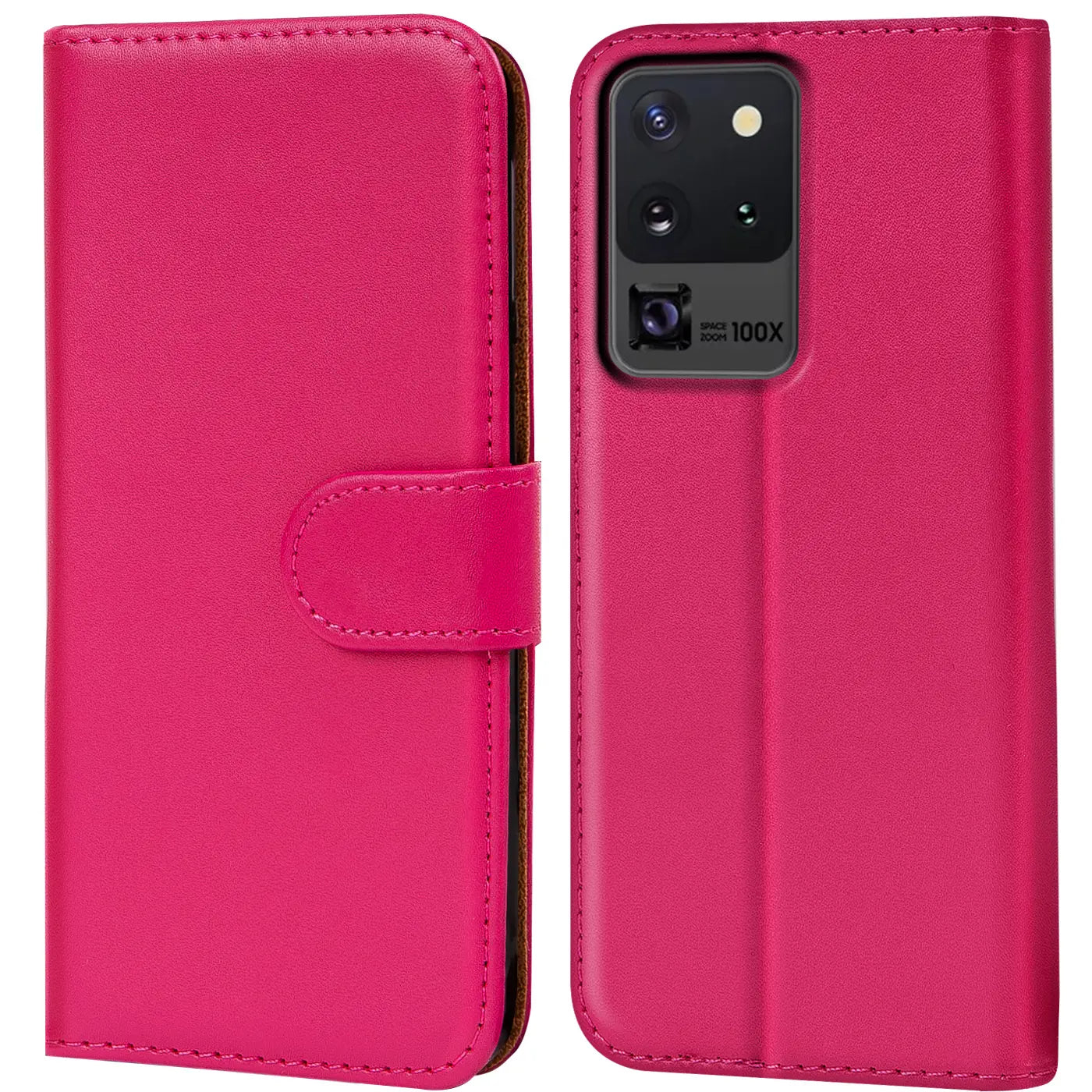 Pink Kunstleder Klapphülle mit Kartenfächern, Vorder- und Rückansicht, Samsung S20 Ultra.