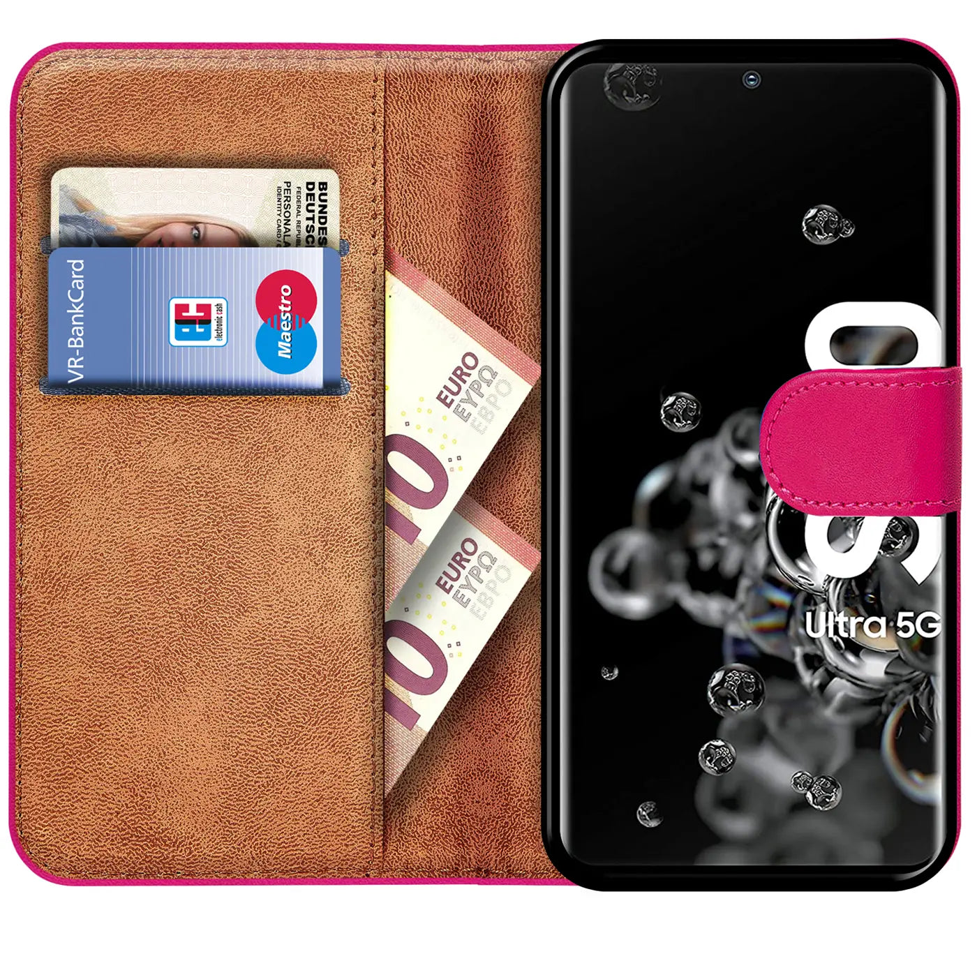Klapphülle aus Lederimitat, pink, mit Kartenfächern, zeigt Samsung S20 Ultra.