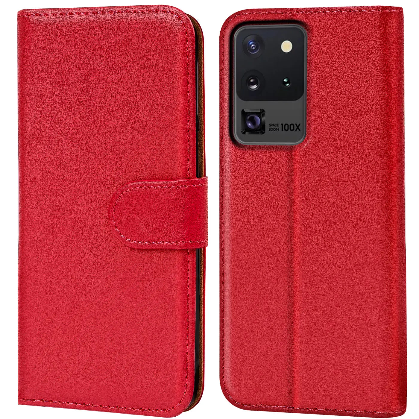Rote Leder-Klapphülle für Samsung Galaxy S20 Ultra, Vorder- und Rückansicht.