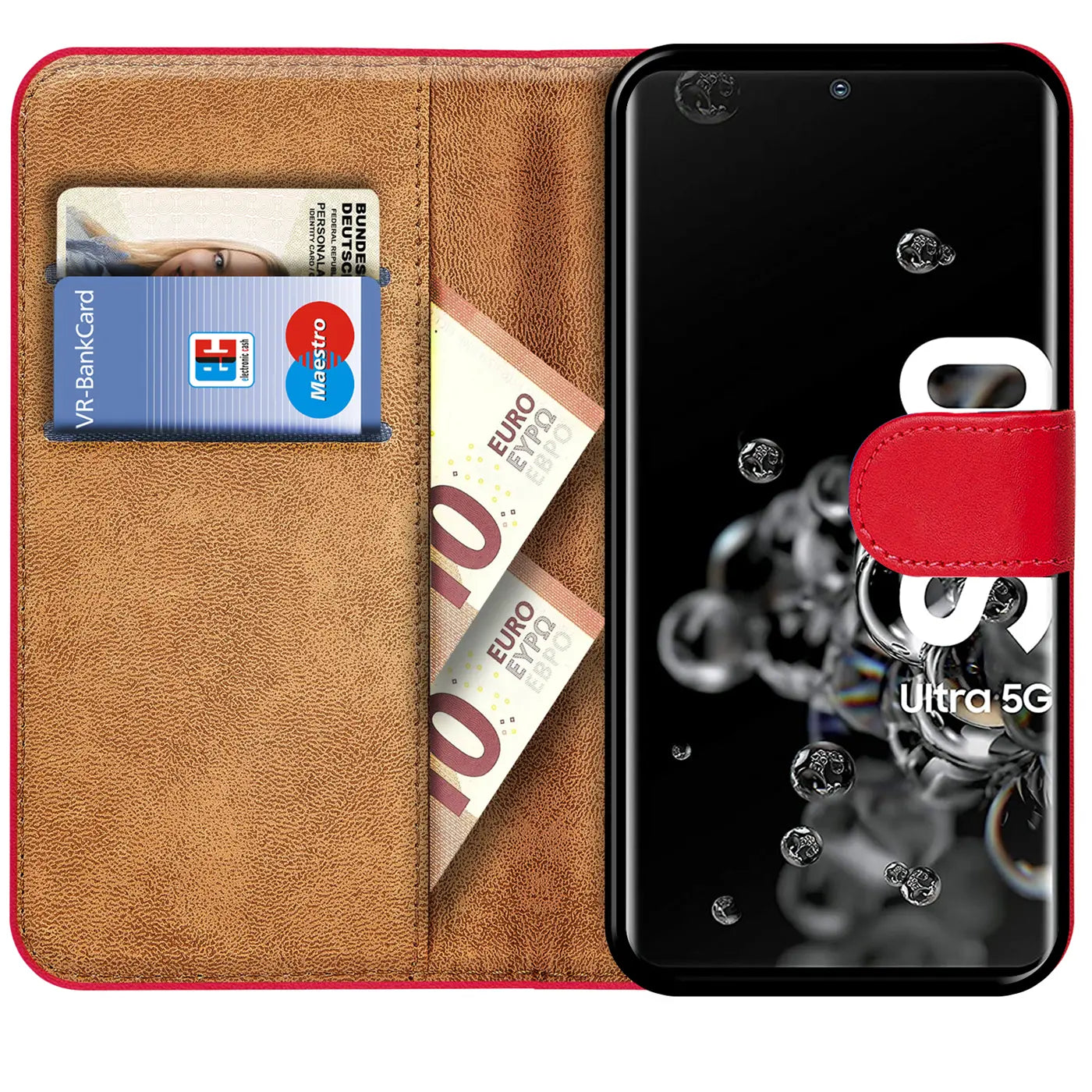 Rote Kunstleder Klapphülle mit Kartenfächern, zeigt Samsung S20 Ultra.