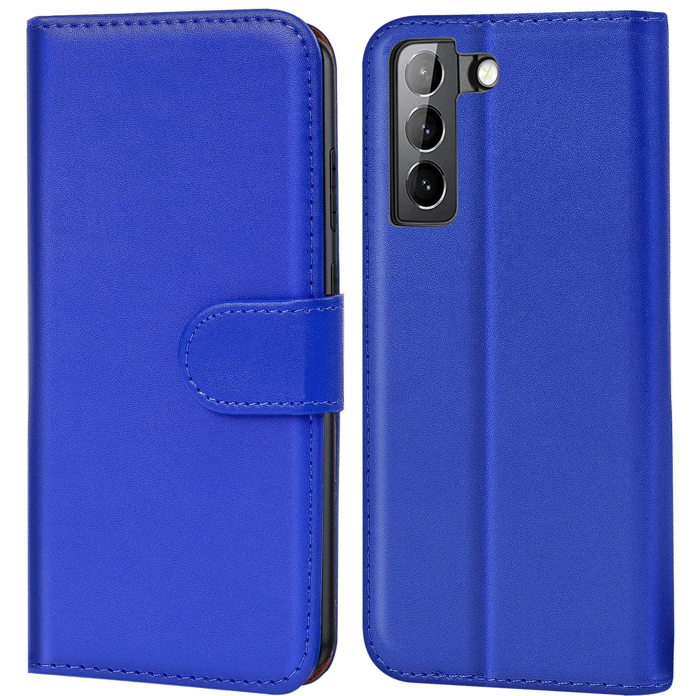 Blaue Kunstleder-Klapphülle mit Kartenfächern, Vorder- und Rückansicht, Samsung Galaxy S21 FE sichtbar.