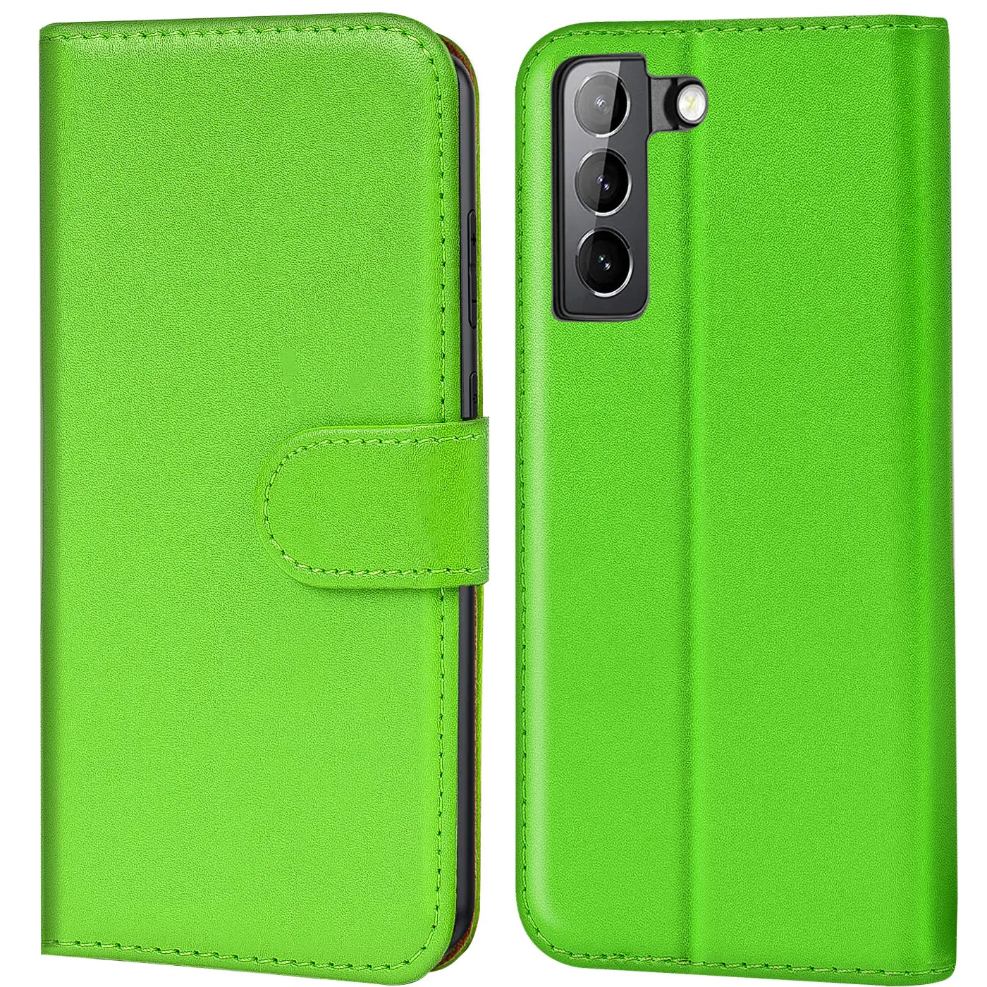 Grüne Kunstleder-Klapphülle mit Kartenfächern, Vorder- und Rückansicht, Samsung Galaxy S21 FE.