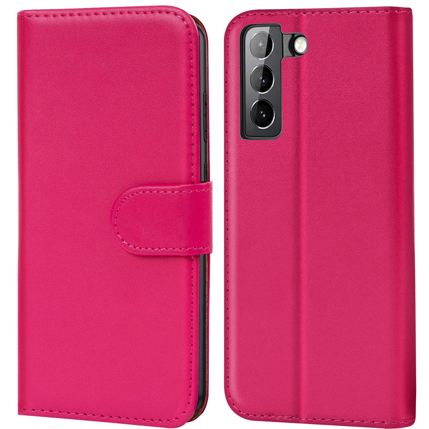 Fuchsia Leder Klapphülle mit Kartenfächern, Vorder- und Rückansicht, für Samsung Galaxy S21 FE.