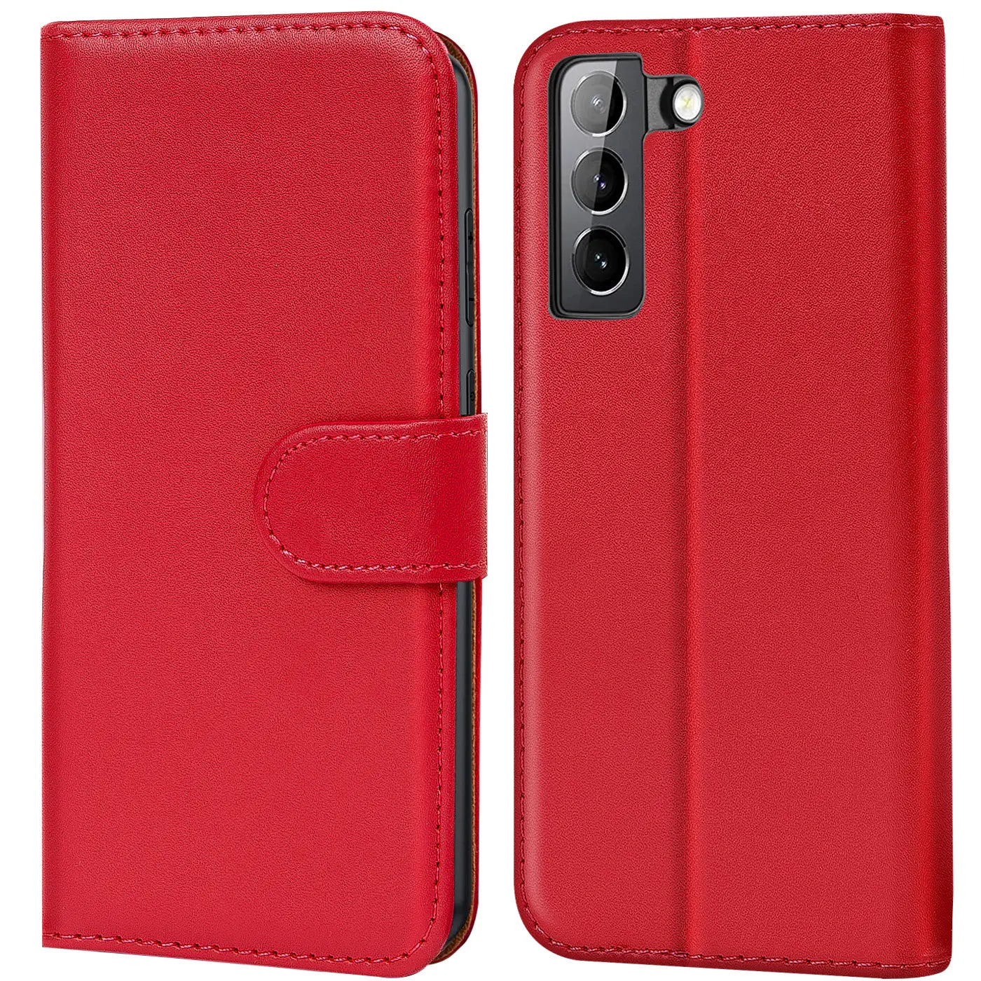 Rote Kunstleder-Klapphülle mit Kartenfächern für Samsung Galaxy S21 FE, Vorderansicht.