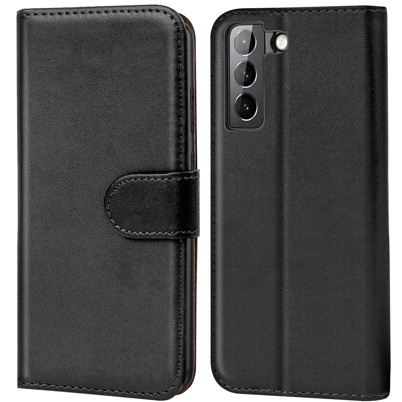 Schwarze Leder-Klapphülle mit Kartenfächern, Vorder- und Rückansicht, Samsung Galaxy S21 FE.