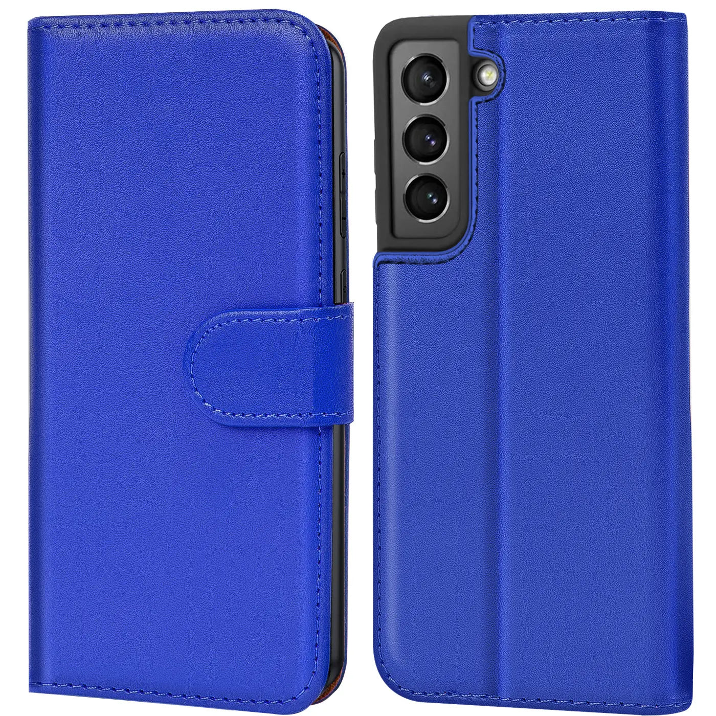 Blaue Kunstleder-Klapphülle mit Kartenfächern, Vorder- und Rückansicht, für Samsung Galaxy S21 Plus.