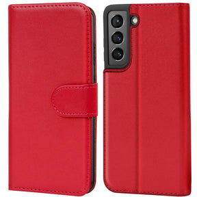 Rote Leder-Klapphülle mit Kartenfächern, Vorder- und Rückansicht, Samsung Galaxy S21