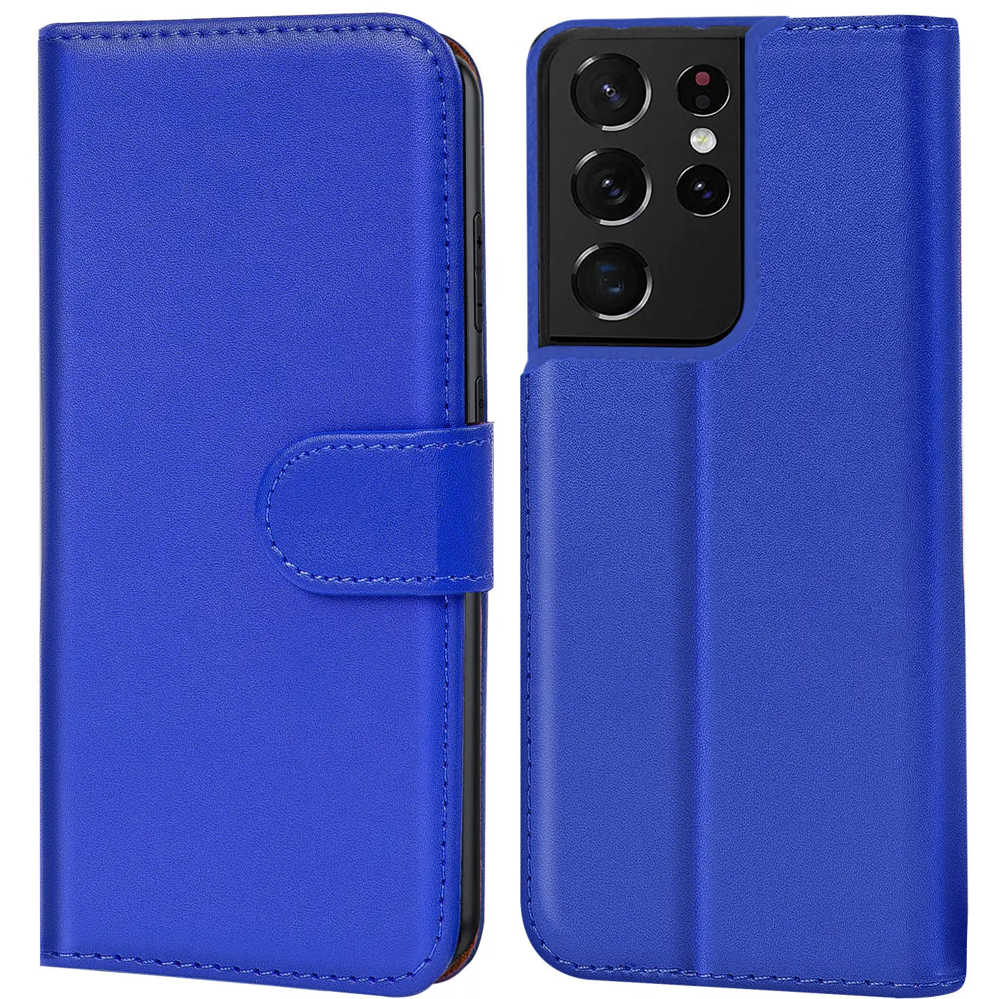 Blaue Kunstleder-Klapphülle mit Kartenfächern für Samsung Galaxy S21 Ultra, Vorder- und Rückansicht.