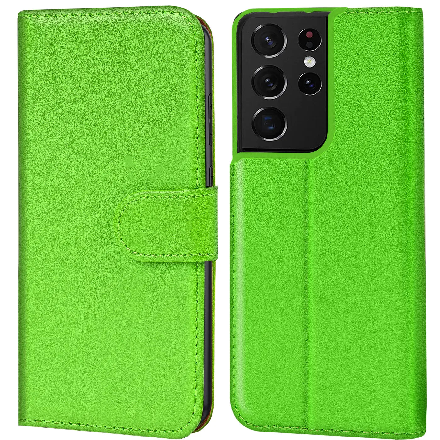 Grüne Kunstleder-Klapphülle mit Kartenfächern, seitliche Ansicht, zeigt Samsung Galaxy S21 Ultra