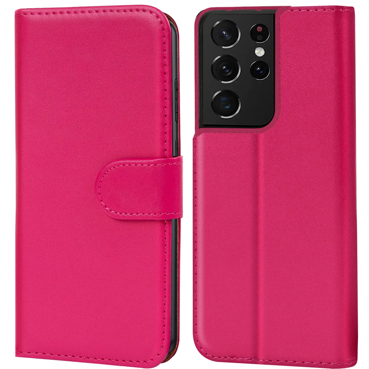 Pink Kunstleder-Klapphülle für Samsung Galaxy S21 Ultra, Vorder- und Rückansicht.