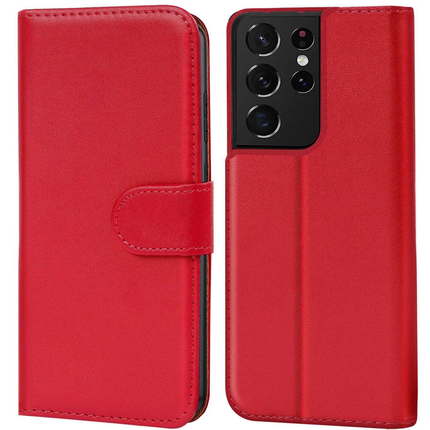 Rote Leder-Klapphülle mit Kartenfächern, Vorder- und Rückansicht, für Samsung Galaxy S21 Ultra.
