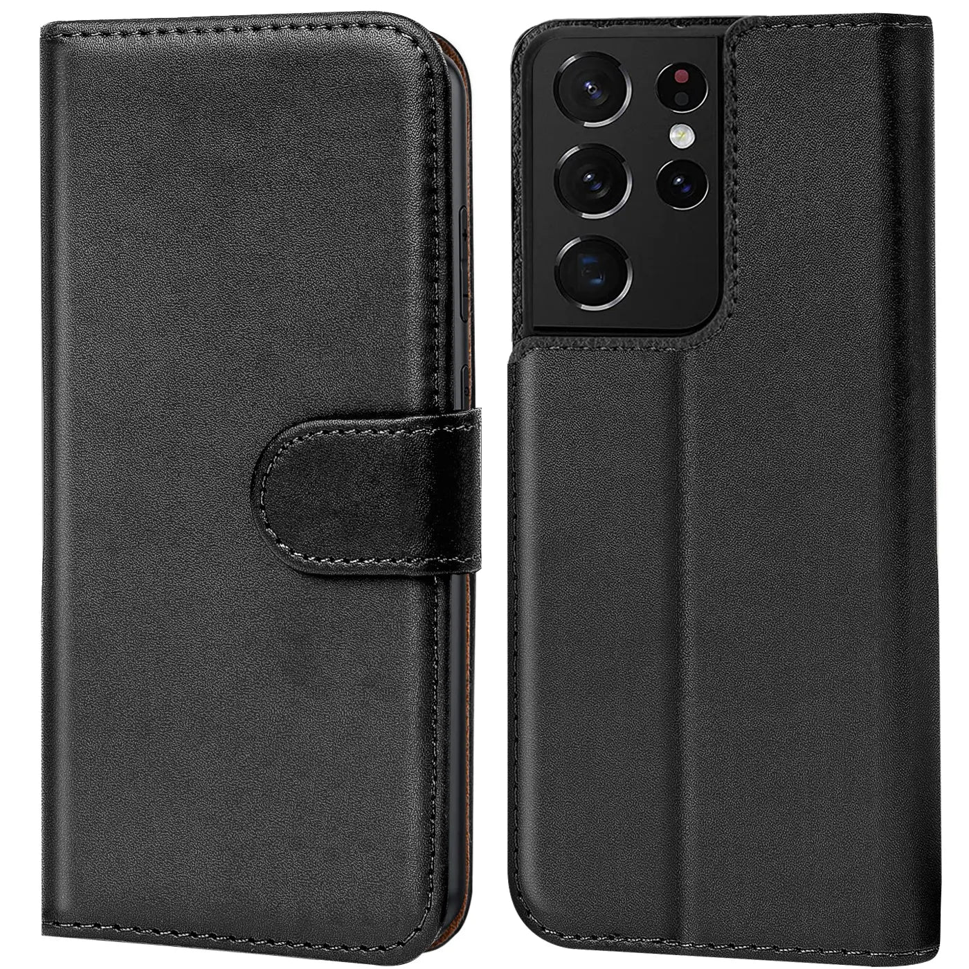 Schwarze Leder-Klapphülle mit Kartenfächern, Vorder- und Rückansicht, für Samsung Galaxy S21 Ultra.