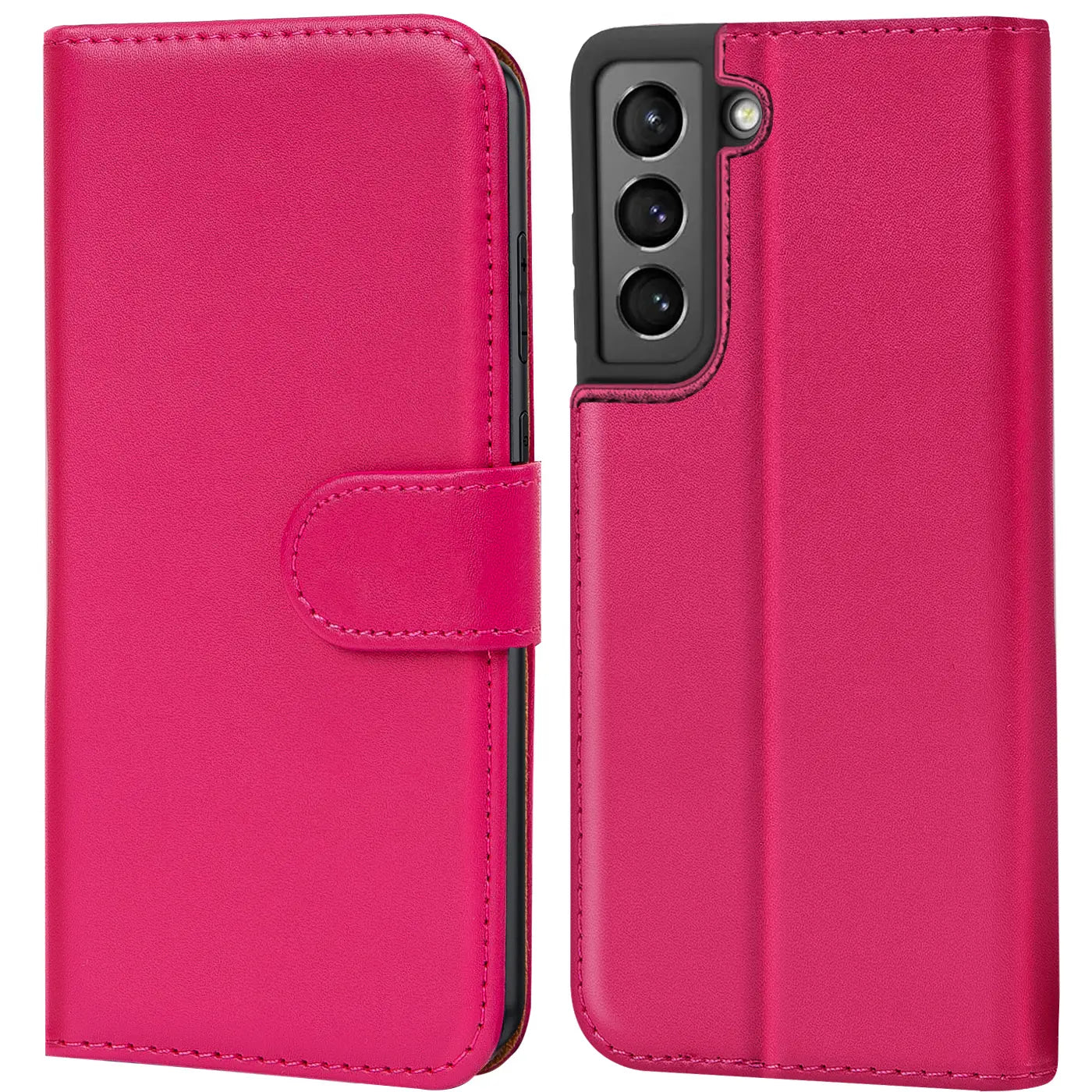 Pink Kunstleder Klapphülle mit Kartenfächern, Samsung Galaxy S22 sichtbar, Vorder- und Rückansicht