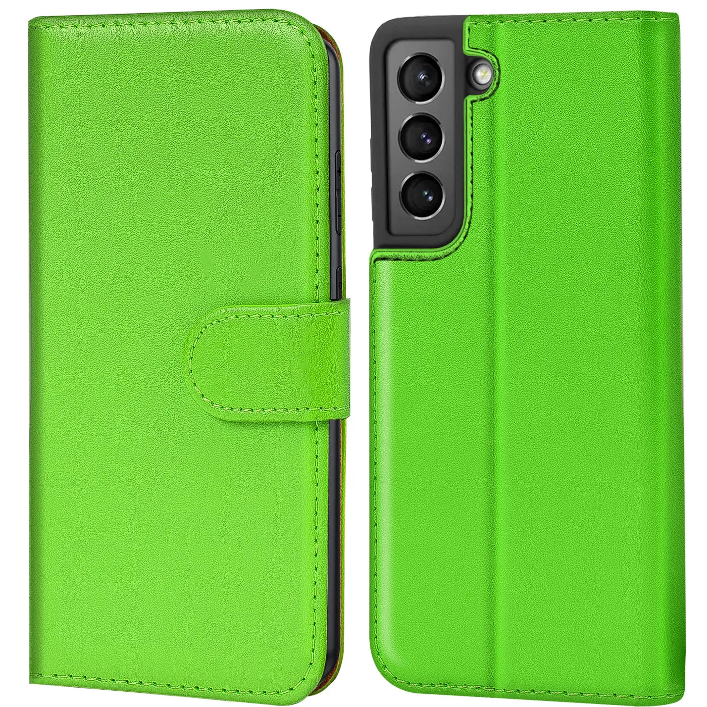Grüne Kunstleder-Klapphülle mit Kartenfächern, Vorder- und Rückansicht, für Samsung Galaxy S22 Plus.