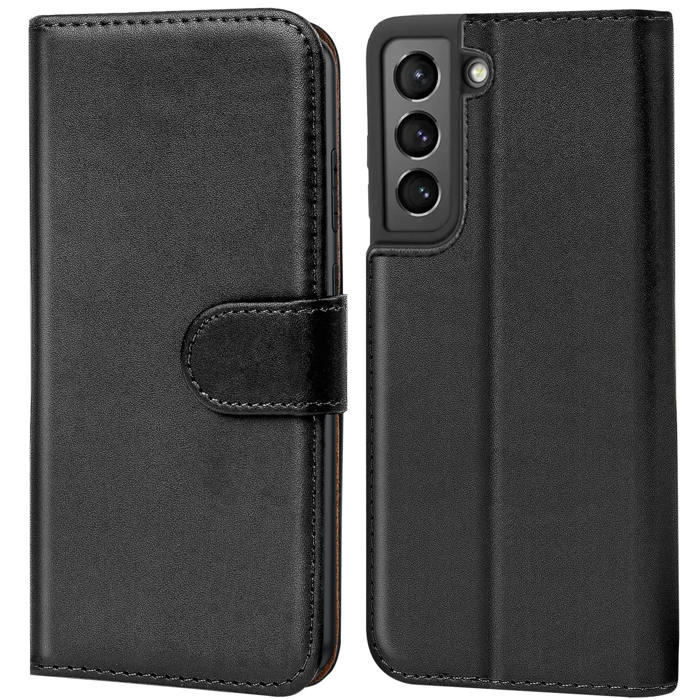 Schwarze Leder-Klapphülle mit Kartenfächern, Vorder- und Rückansicht, Samsung Galaxy S22.
