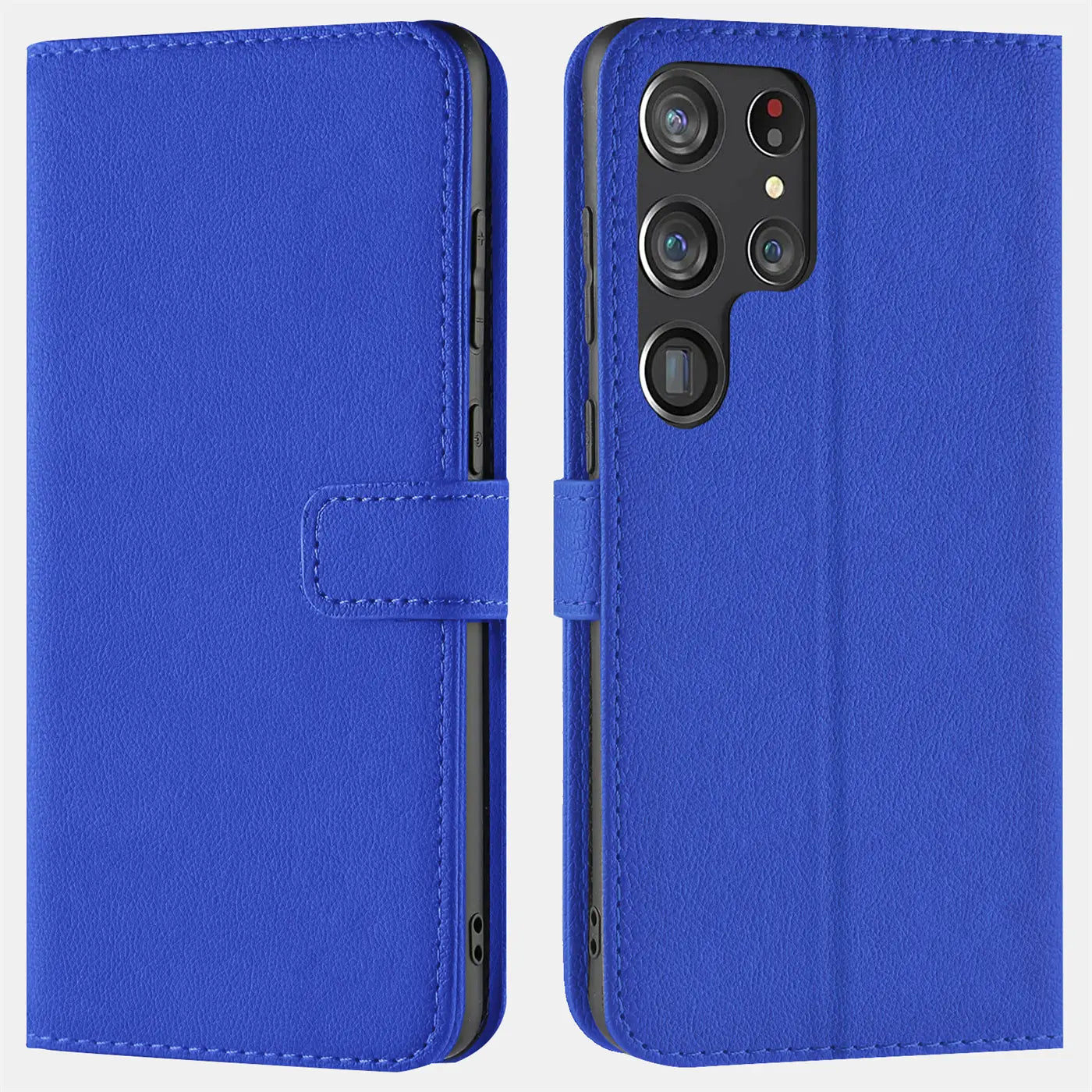 Blaue Kunstleder-Klapphülle mit Kartenfächern, Vorder- und Rückansicht, Samsung S22 Ultra.