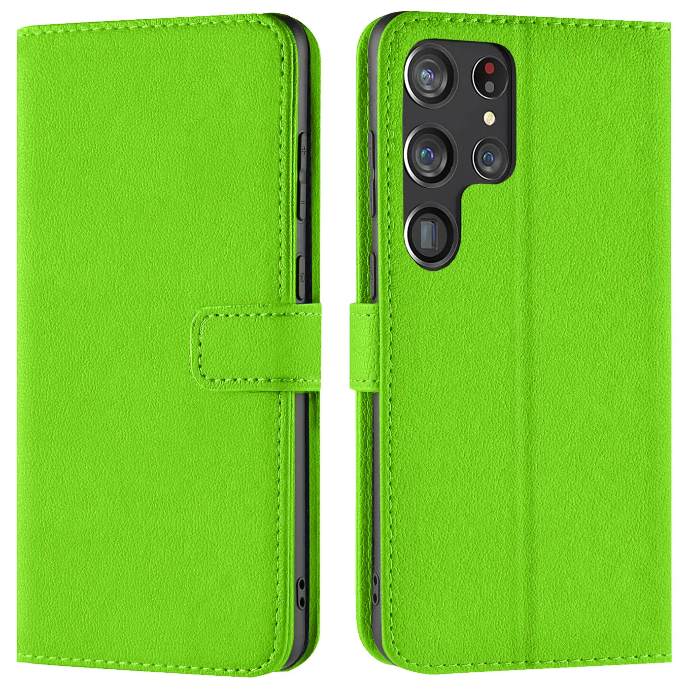 Grüne Kunstleder-Klapphülle mit Kartenfächern, zeigt Samsung S22 Ultra von vorne und hinten.