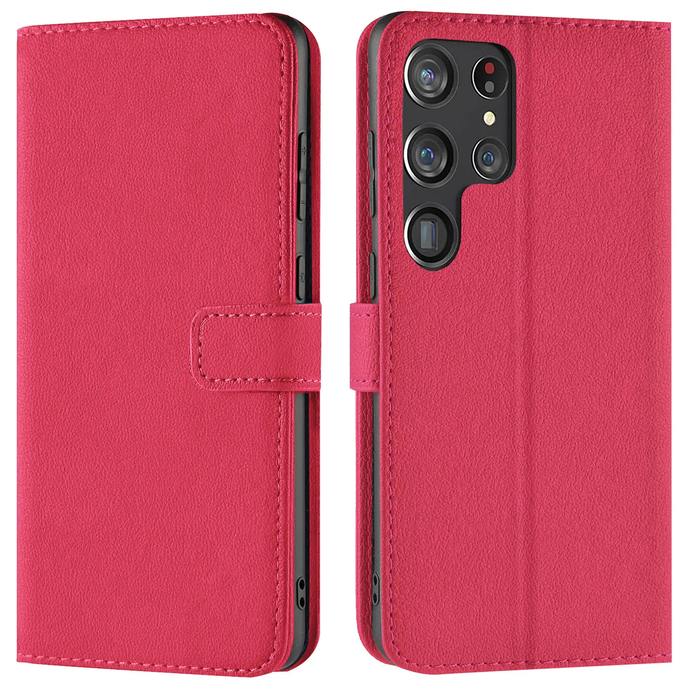 Rote Kunstleder-Klapphülle für Samsung Galaxy S22 Ultra, Vorder- und Rückansicht