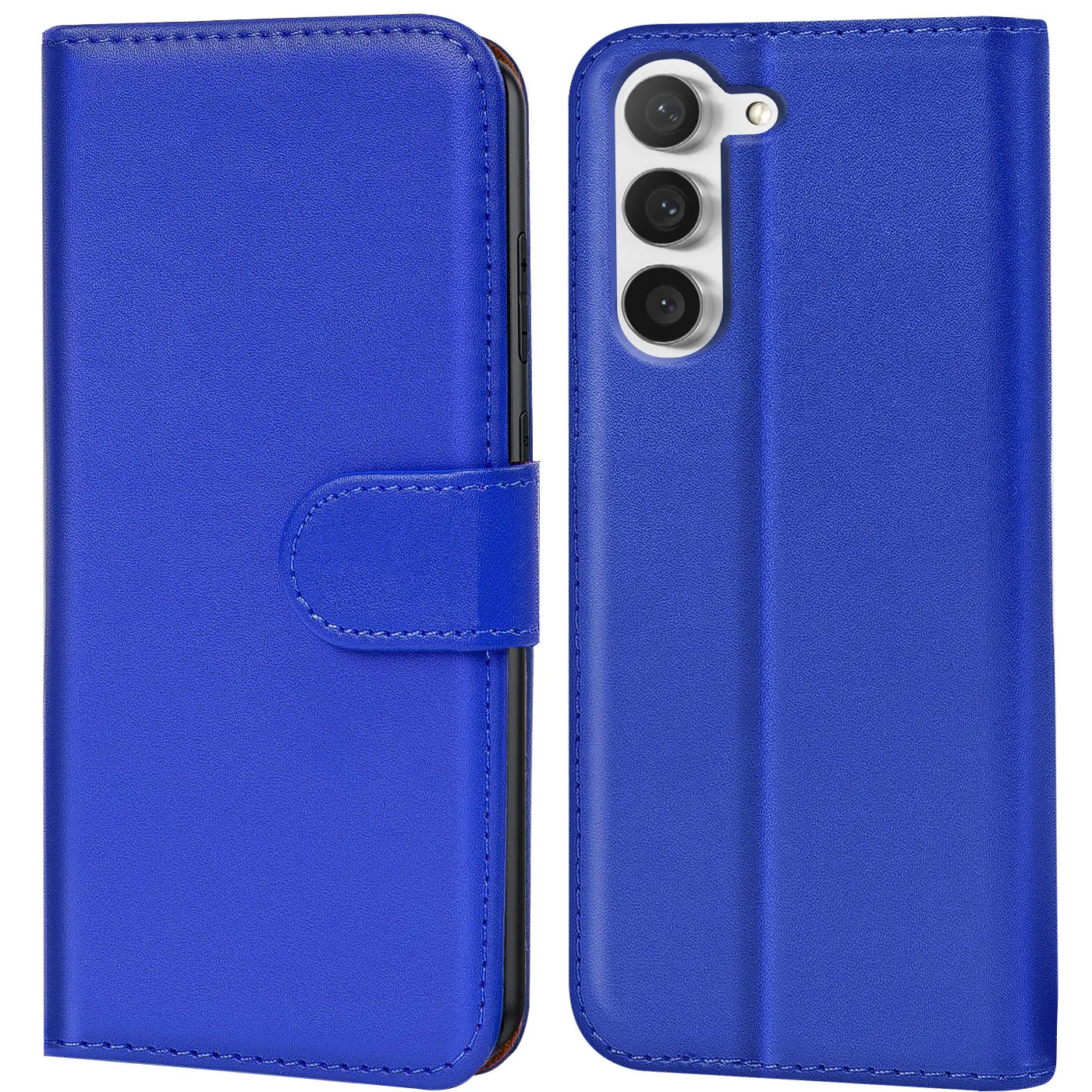 Blaue Kunstleder-Klapphülle mit Kartenfächern, Vorder- und Rückansicht, für Samsung Galaxy S23.