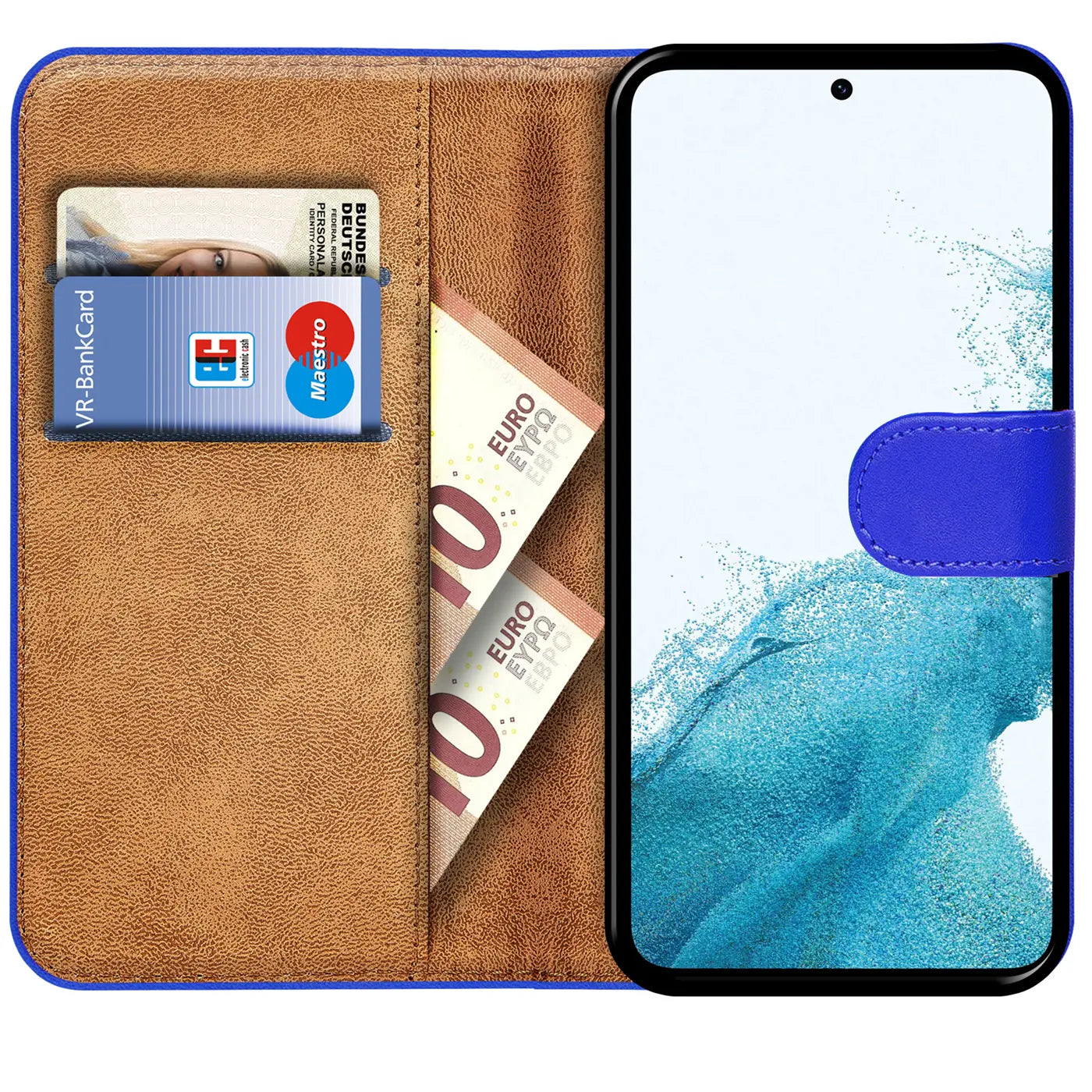 Blaue Kunstleder-Klapphülle mit Kartenfächern, zeigt Samsung Galaxy S23.