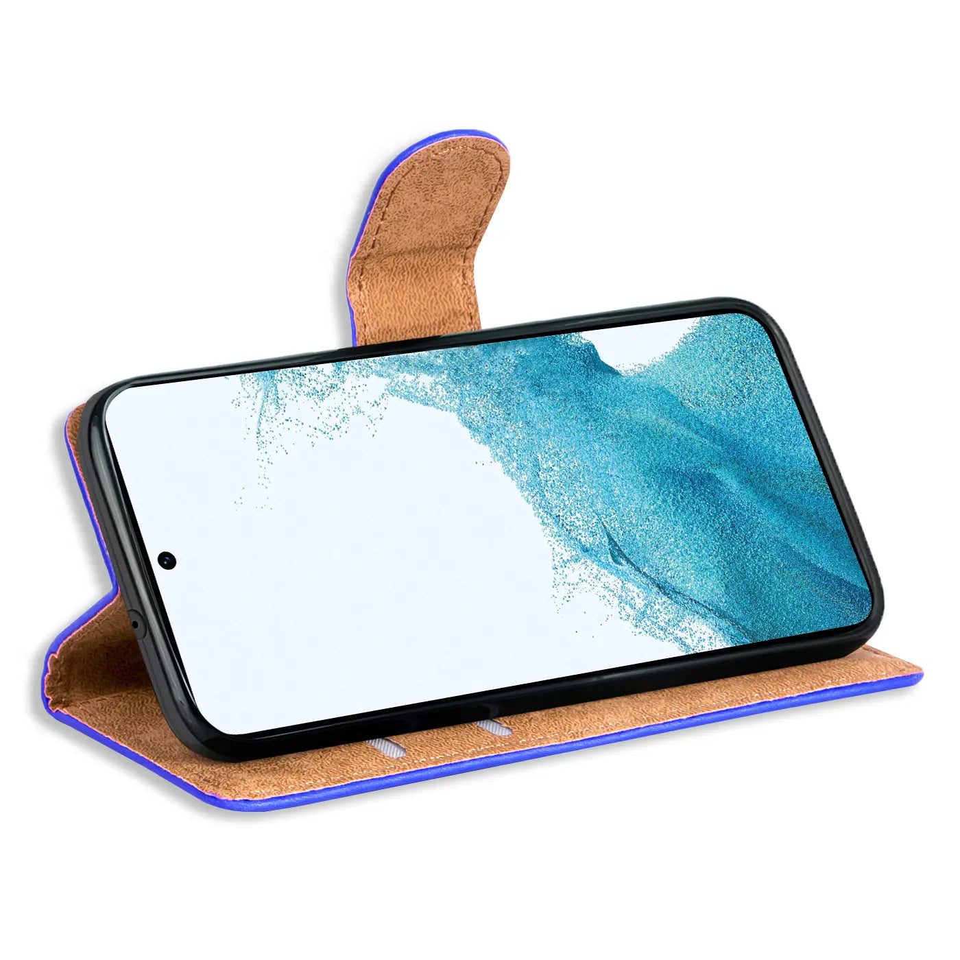 Lila Klapphülle aus Leder mit braunem Innenfutter, Samsung Galaxy S23, Seitenansicht.