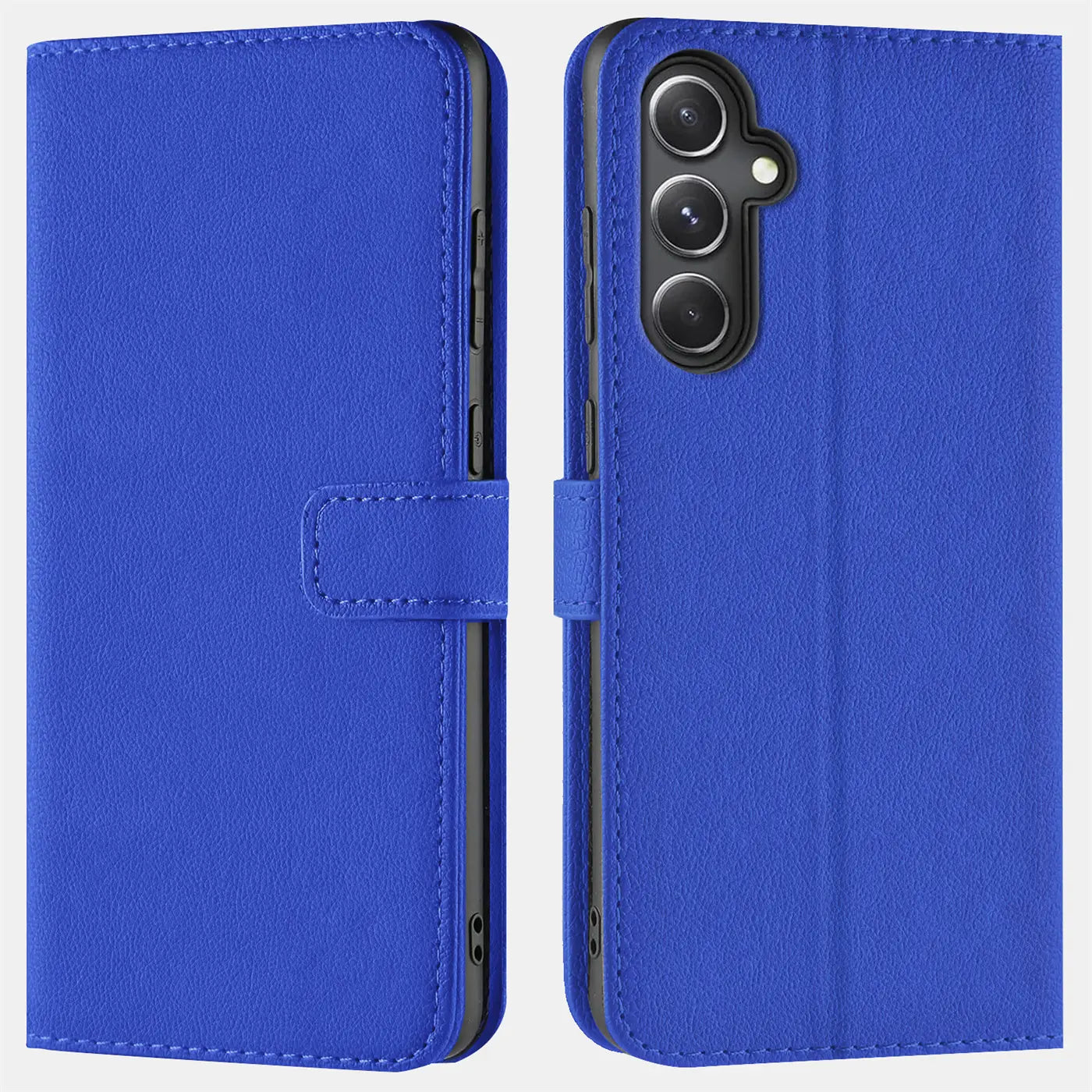 Blaue Leder-Klapphülle mit Kartenfächern für Samsung Galaxy S23 FE, Vorder- und Rückansicht.