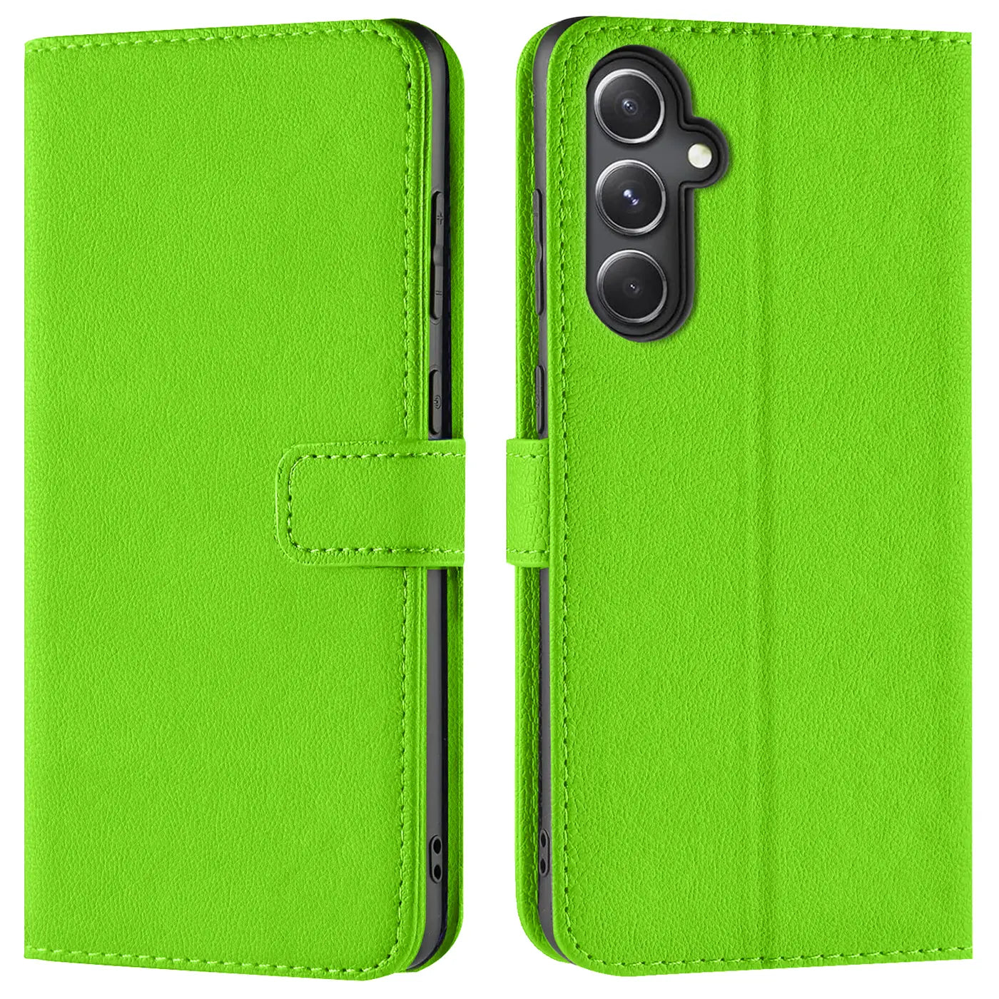 Grüne Kunstleder-Klapphülle mit Kartenfächern, Vorder- und Rückansicht, Samsung Galaxy S23 FE.