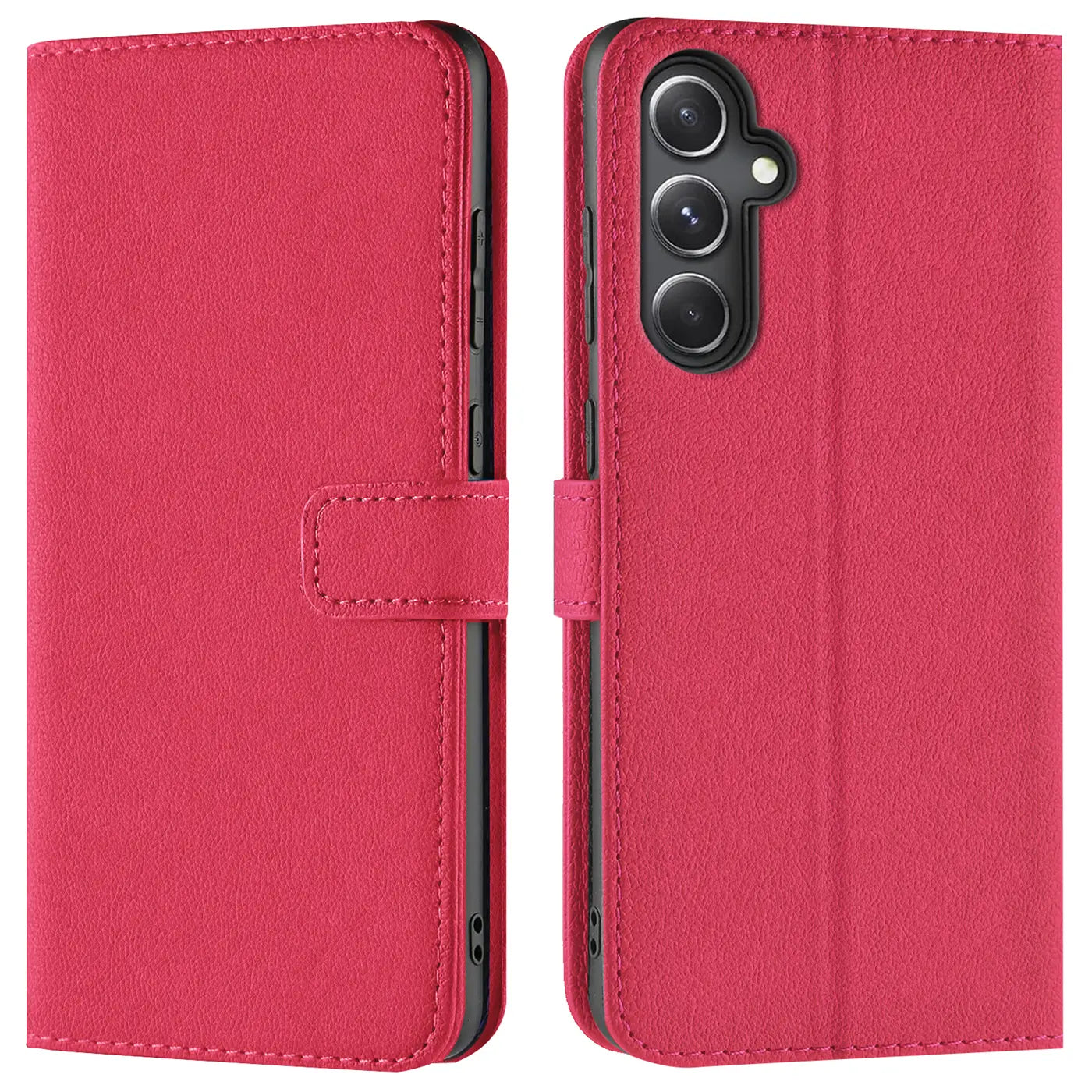 Rote Kunstleder-Klapphülle mit Kartenfächern, Vorder- und Rückansicht, Samsung Galaxy S23 FE.