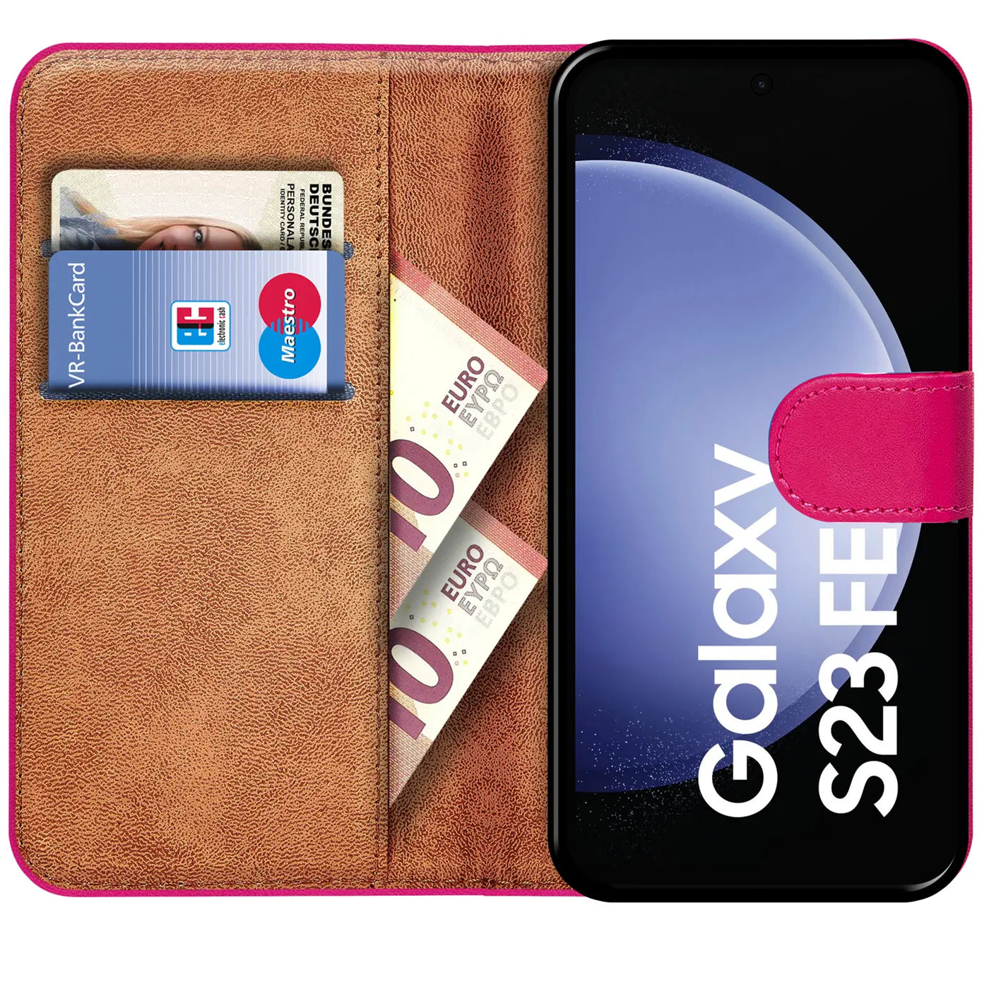 Pink Kunstleder-Klapphülle mit Kartenfächern und Geldscheinfach, zeigt Samsung Galaxy S23 FE.