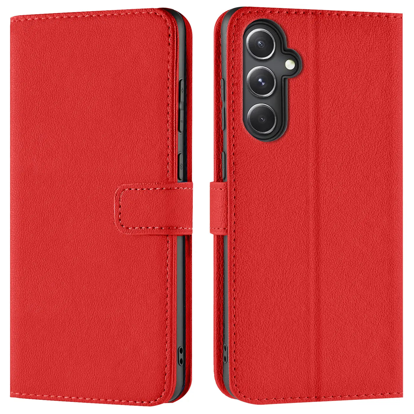 Rote Kunstleder-Klapphülle mit Kartenfächern, Vorder- und Rückansicht, für Samsung Galaxy S23 FE.