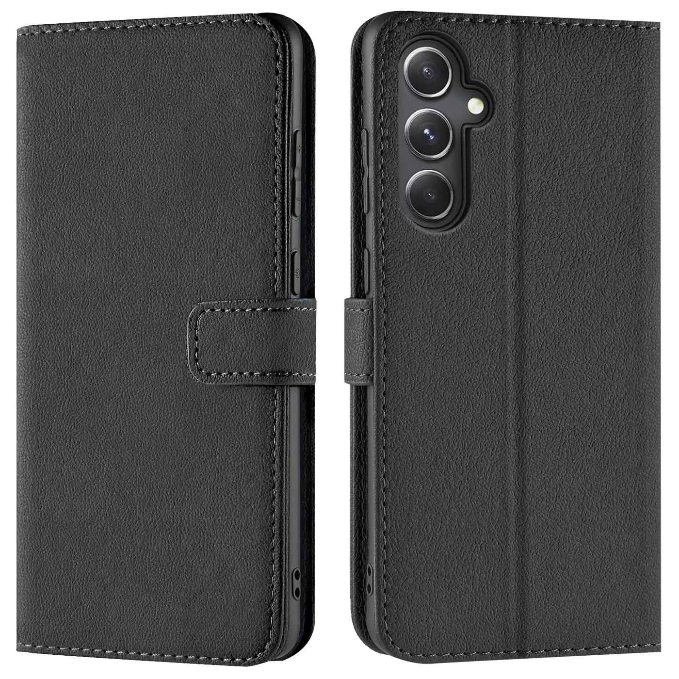 Schwarze Leder-Klapphülle mit Kartenfächern für Samsung Galaxy S23 FE, Vorder- und Rückansicht.