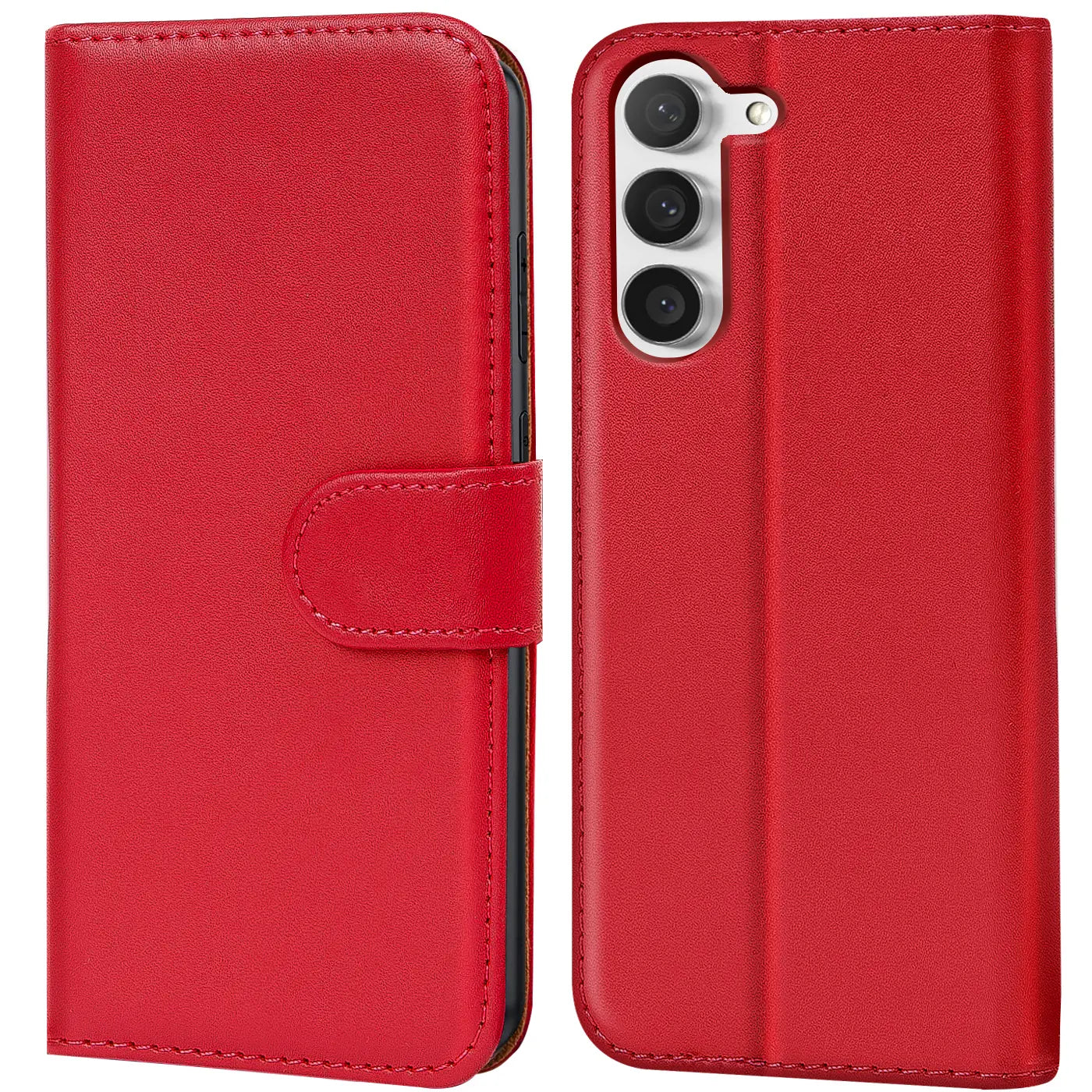 Rote Kunstleder-Klapphülle mit Kartenfächern, Vorder- und Rückansicht, für Samsung Galaxy S23