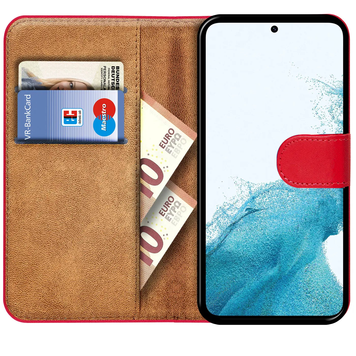 Rote Klapphülle aus Leder mit Kartenfächern und Geldscheinfach, zeigt Samsung Galaxy S23.