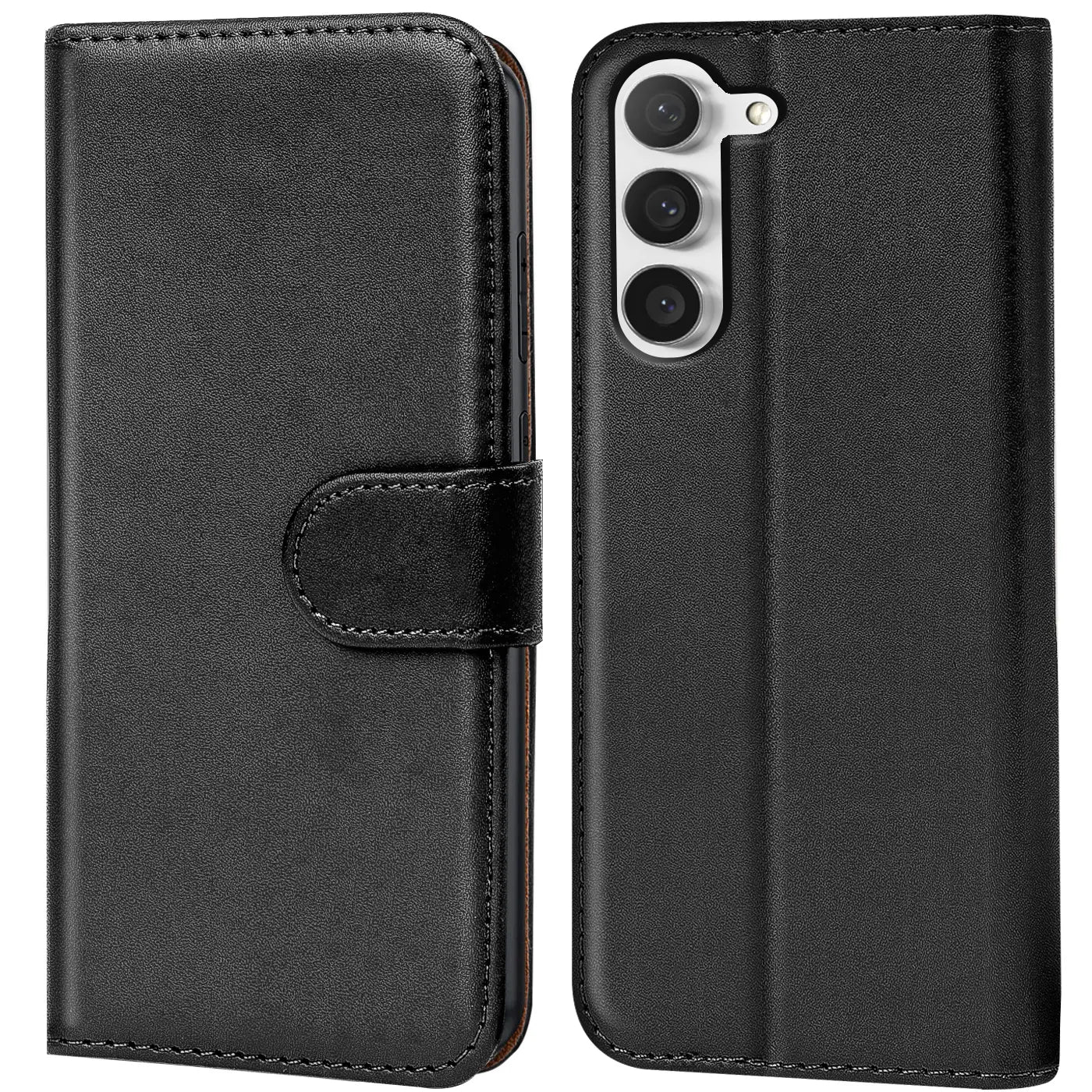 Schwarze Leder-Klapphülle mit Kartenfächern, Vorder- und Rückansicht, für Samsung Galaxy S23.