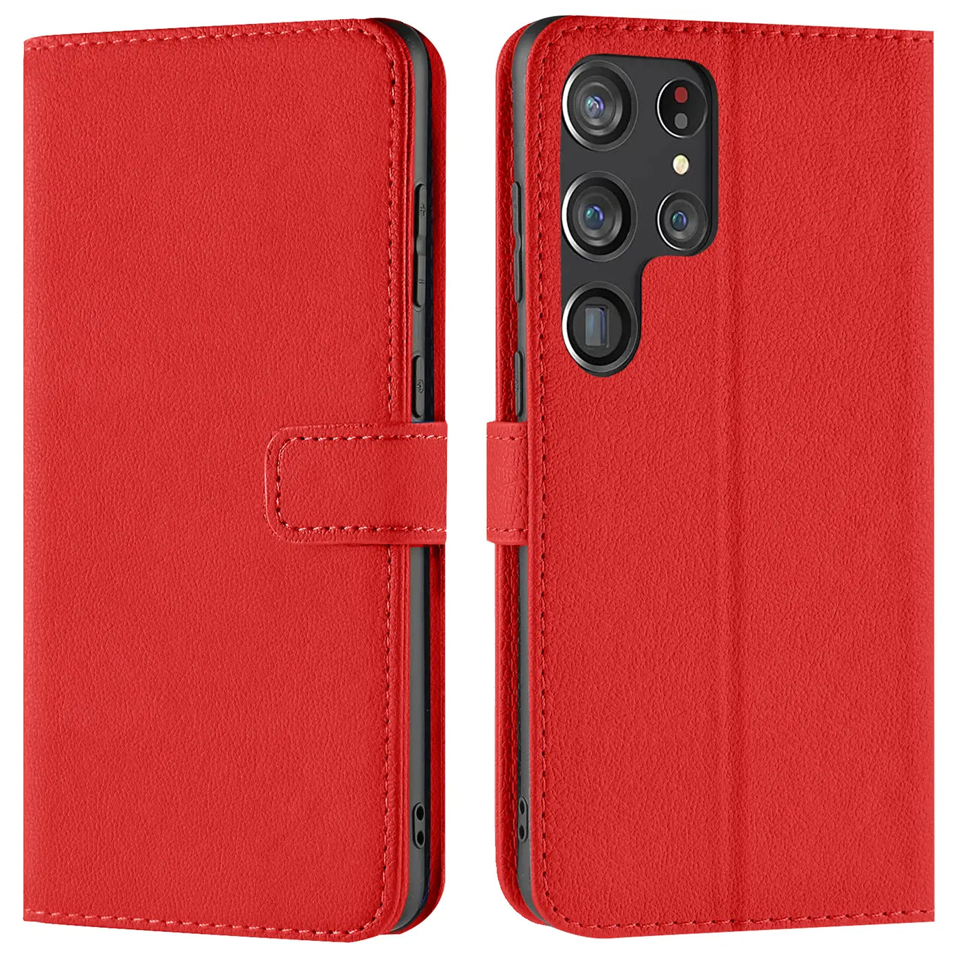 Rote Kunstleder-Klapphülle mit Kartenfächern, Seitenansicht, Samsung Galaxy S23 Ultra.