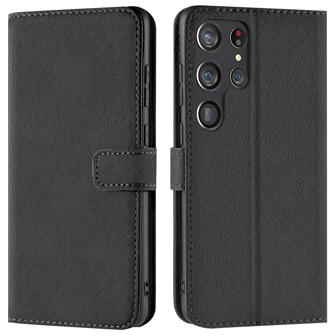Schwarze Leder-Klapphülle mit Kartenfächern, Vorder- und Rückansicht, Samsung Galaxy S23 Ultra.