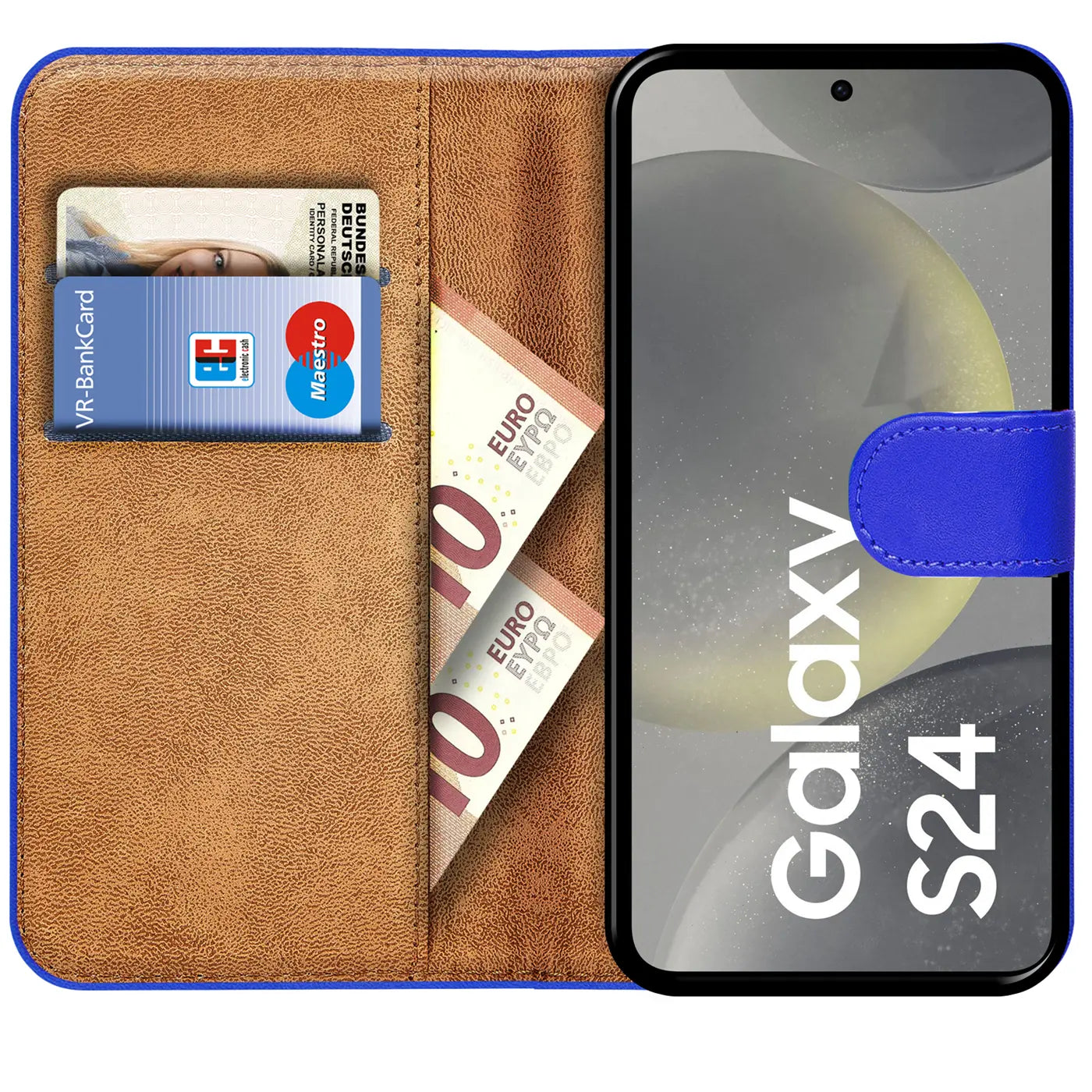 Blaue Kunstleder-Klapphülle mit Kartenfächern und Geldscheinen, zeigt Samsung Galaxy S24.