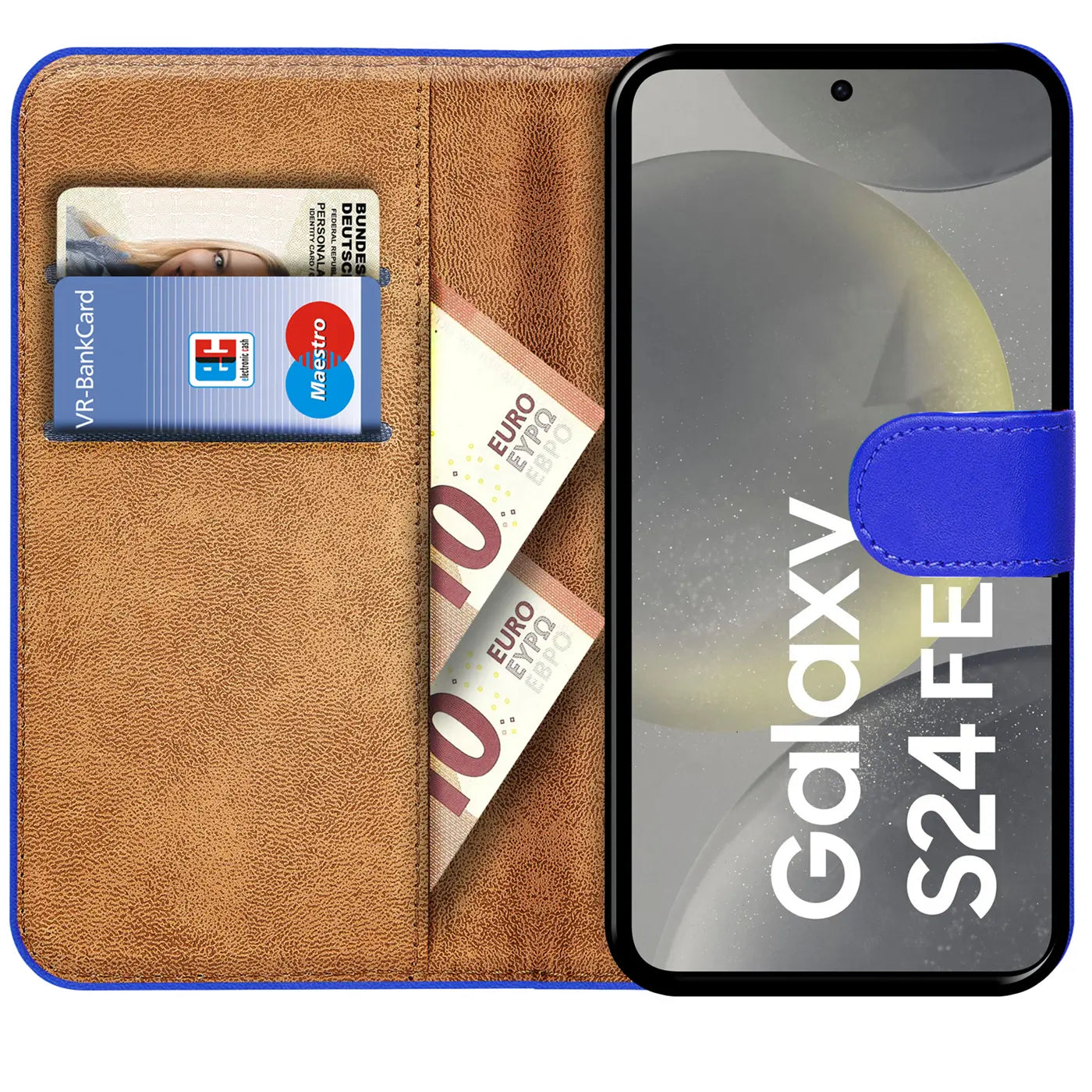 Braune Kunstleder-Klapphülle mit Kartenfächern und Geldscheinfach, zeigt Samsung Galaxy S24 FE.