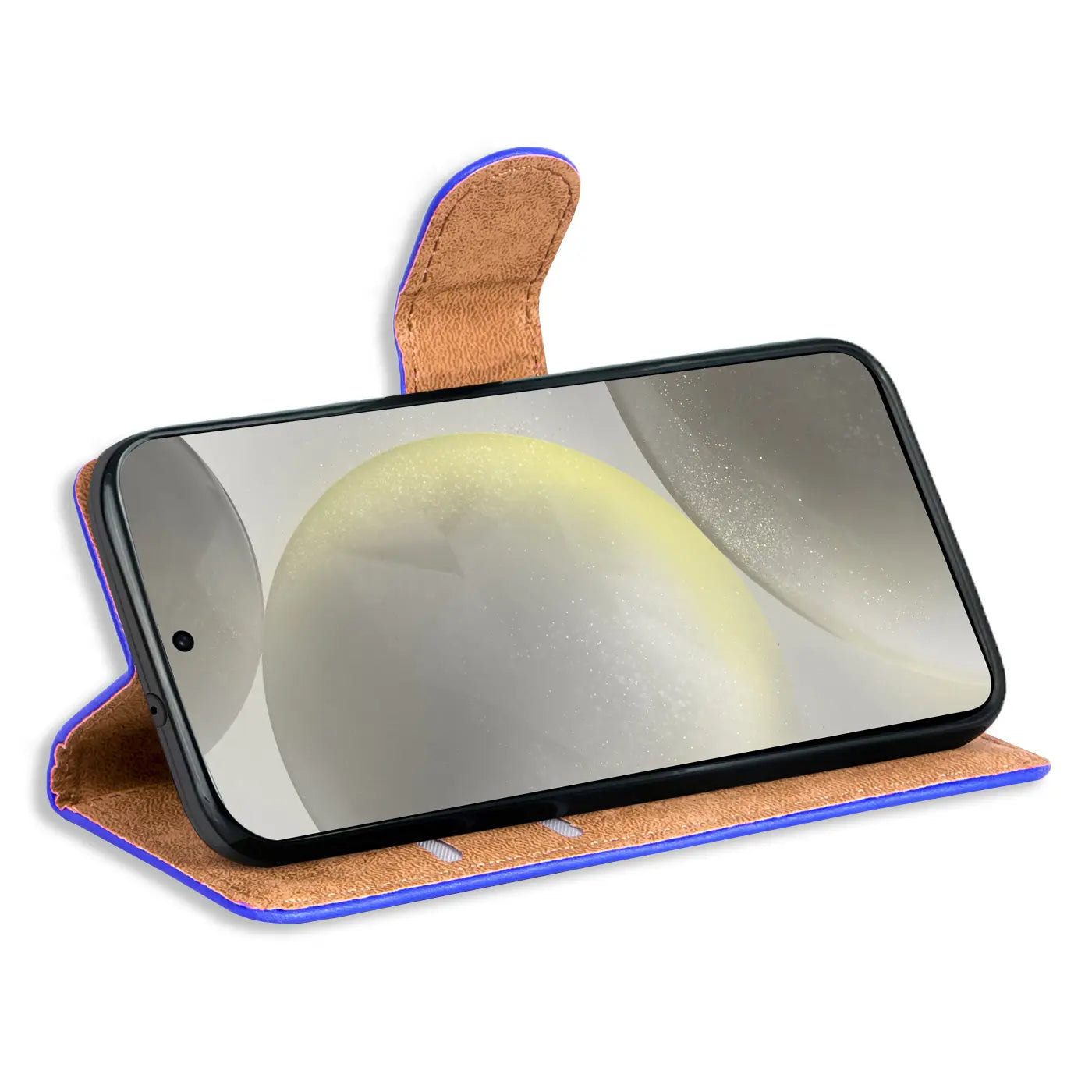Blaue Klapphülle aus Leder mit braunem Innenfutter, Samsung Galaxy S24 FE, Draufsicht.