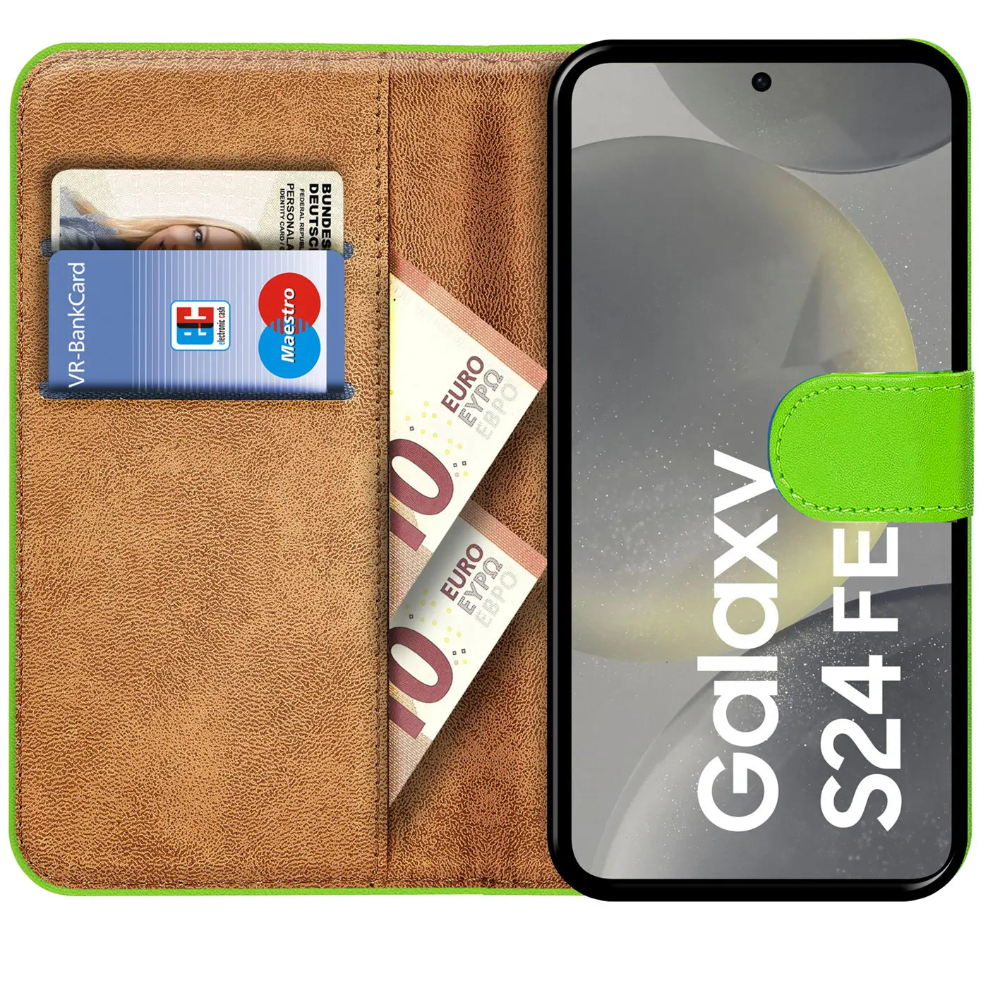 Grüne Klapphülle aus Lederimitat mit Kartenfächern, zeigt Samsung Galaxy S24 FE.
