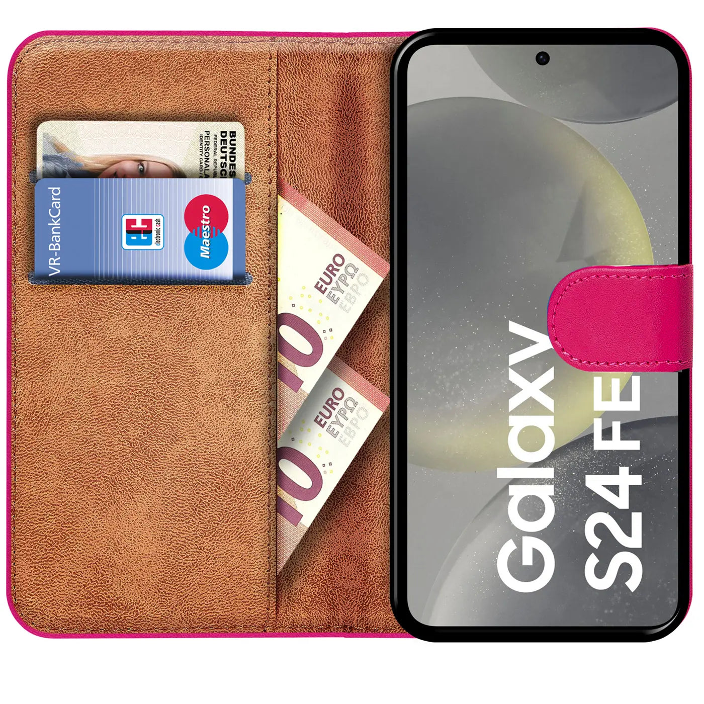Braune Lederhülle mit Kartenfächern, zeigt Samsung Galaxy S24 FE, von vorne