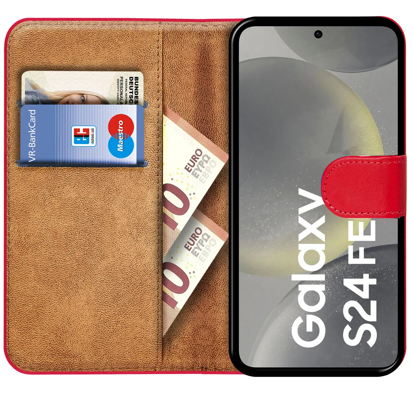 Rote Klapphülle aus Leder mit Kartenfächern und Geldscheinen, zeigt Samsung Galaxy S24 FE.