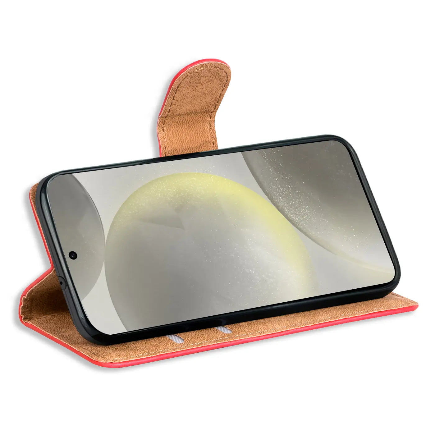 Rote Leder-Klapphülle mit Kartenfächern, Samsung Galaxy S24 FE, Seitenansicht.