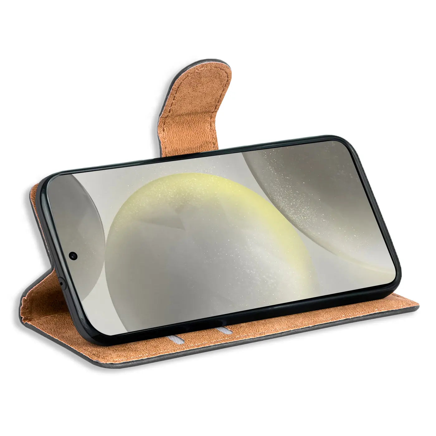 Braune Kunstleder-Klapphülle mit Kartenfächern, Vorderansicht, Samsung Galaxy S24 FE.
