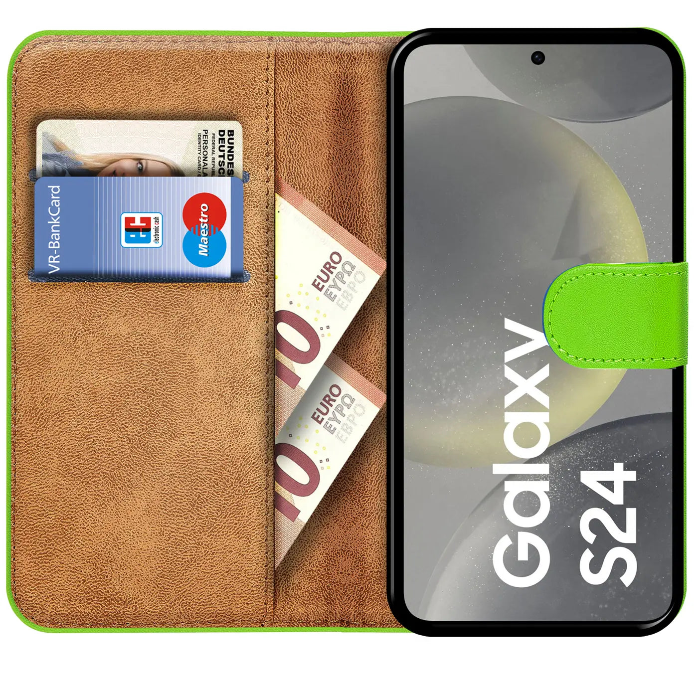 Grüne Klapphülle aus Leder mit Kartenfächern und Geldscheinen, zeigt Samsung Galaxy S24.
