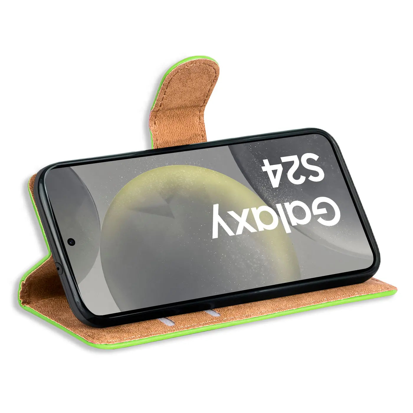 Grüne Kunstleder-Klapphülle mit braunem Innenfutter, Samsung Galaxy S24.